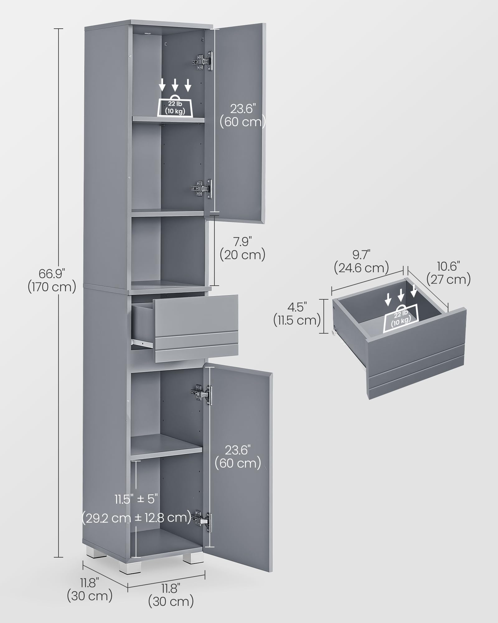 VASAGLE Tall Bathroom Cabinet - Slim Storage | Mystic Grey | 30x30x170 cm 2