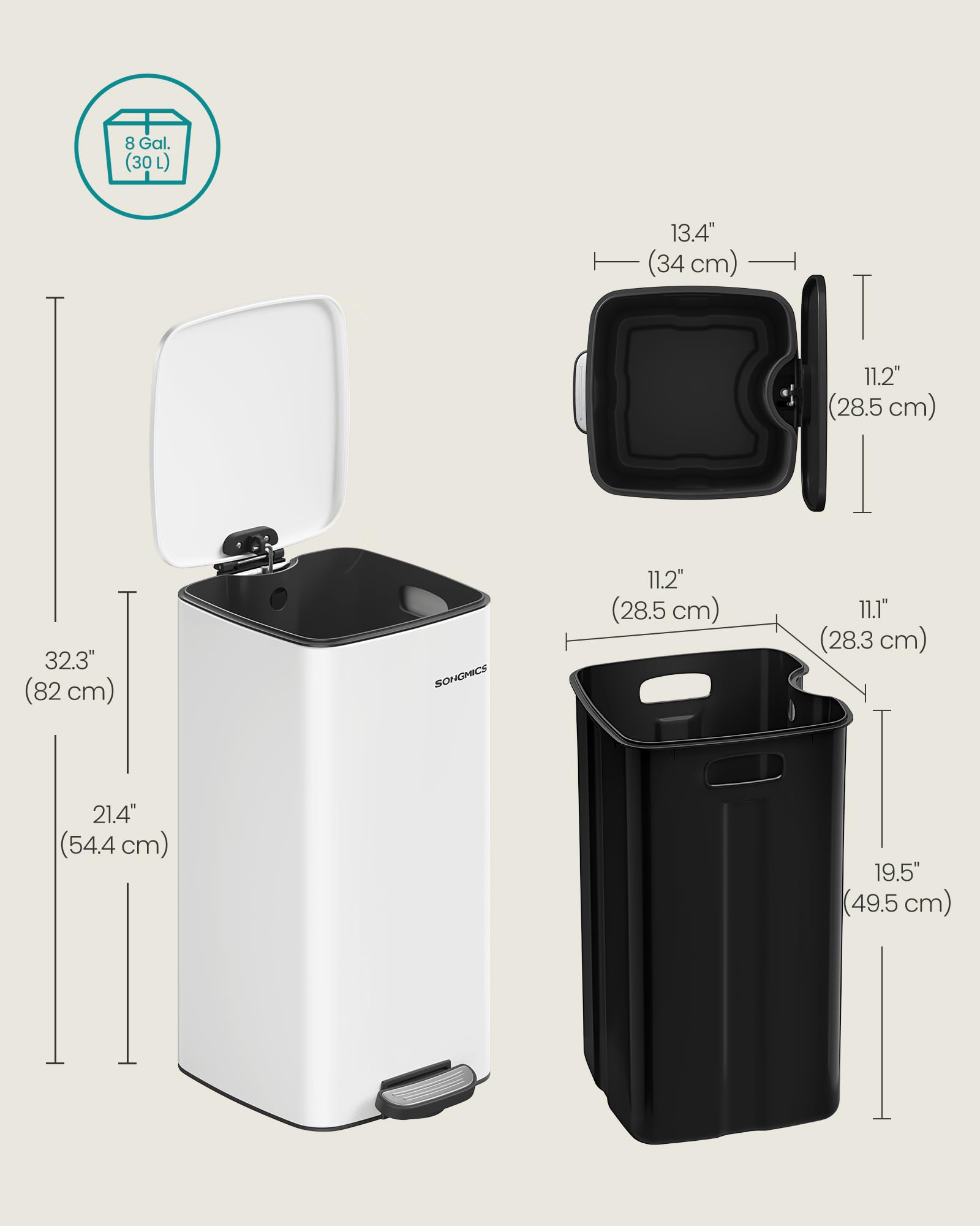 SONGMICS 8 Gallon (30 L) Stainless Steel Pedal Bin with Soft Close Lid | Cloud White 8