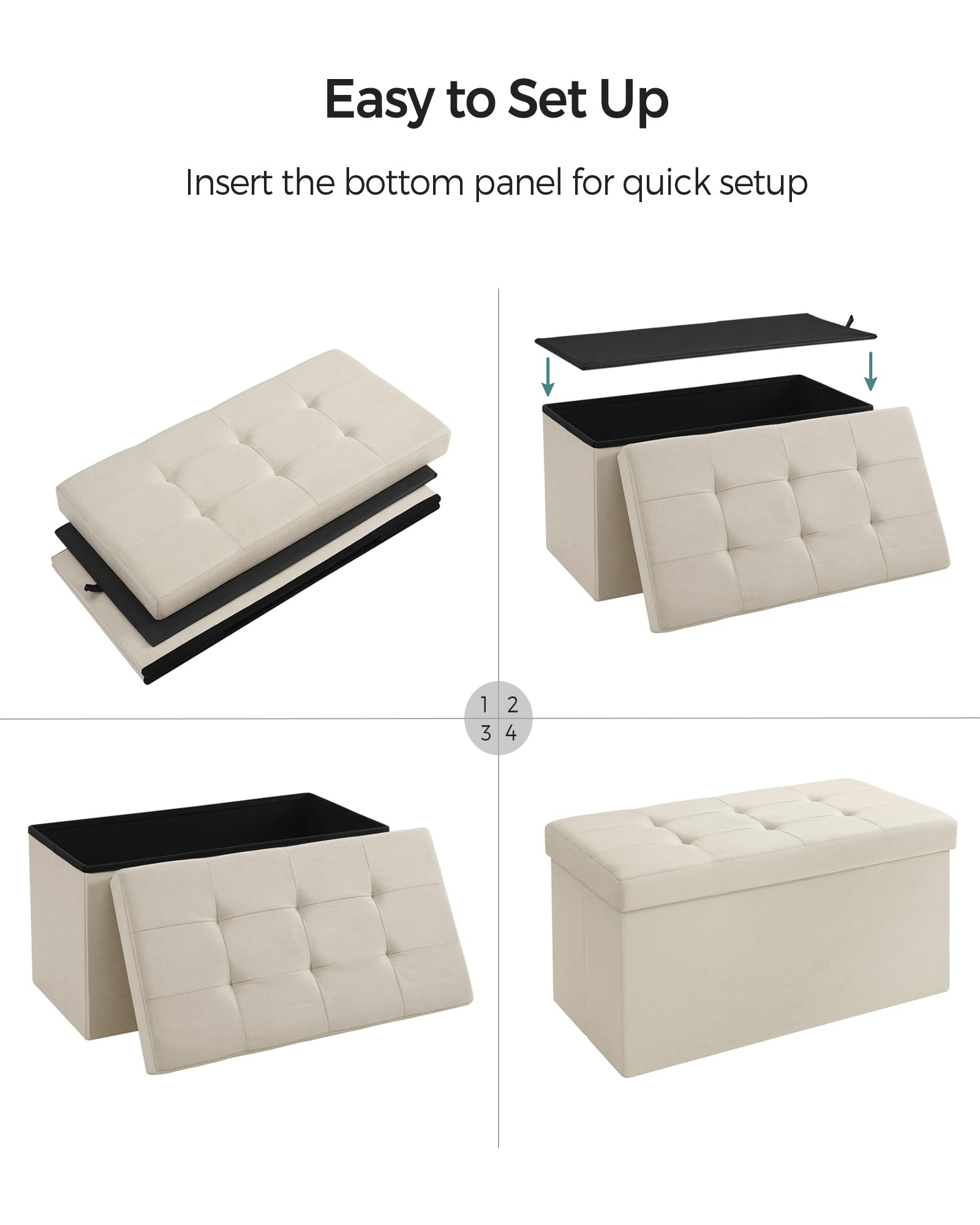SONGMICS MAZIE Storage Ottoman Bench - 76 cm Wide | 300 kg Capacity | Cream White 6