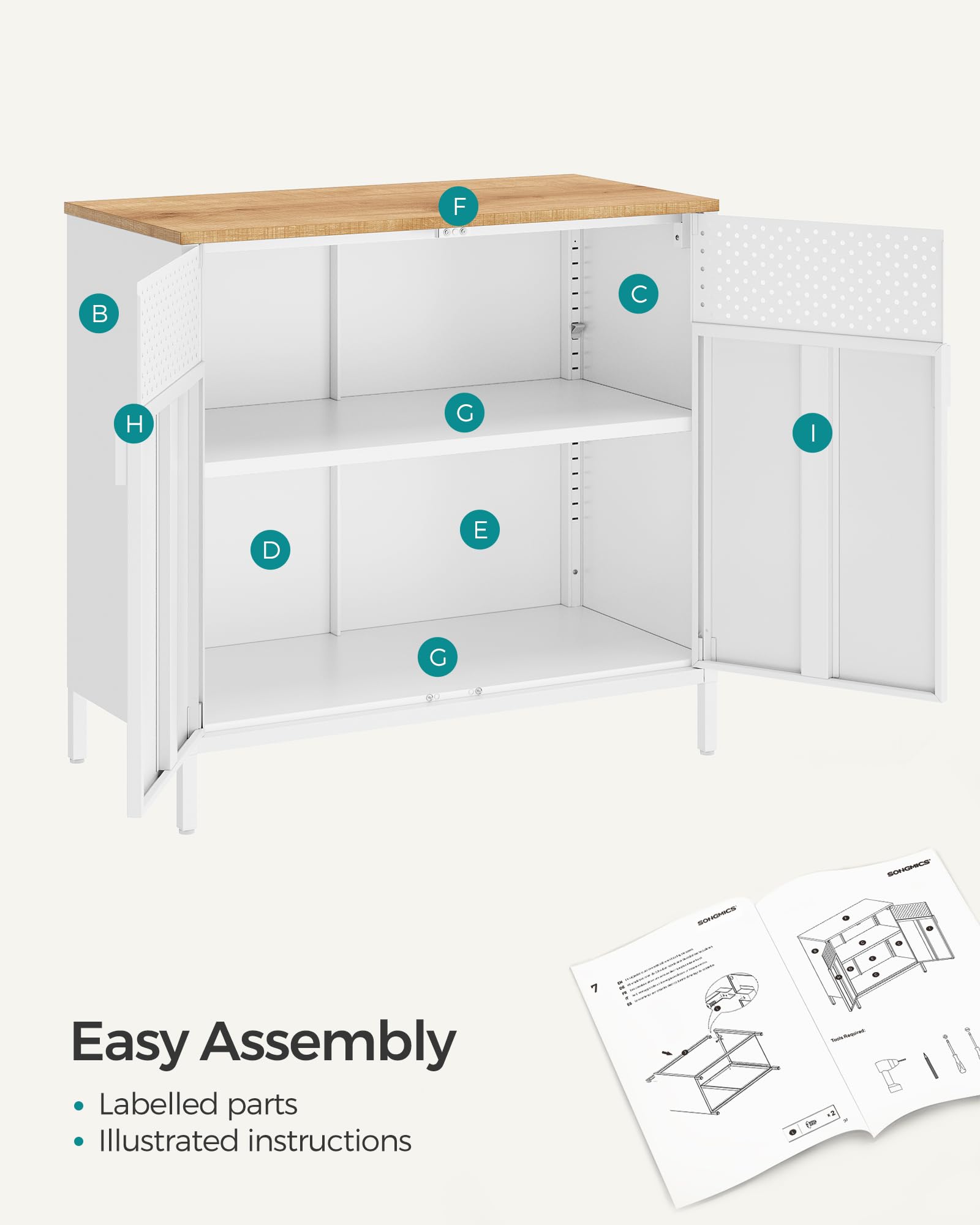 SONGMICS Metal Storage Cabinet with Double Doors | 80W cm Capacity | Natural + White 9