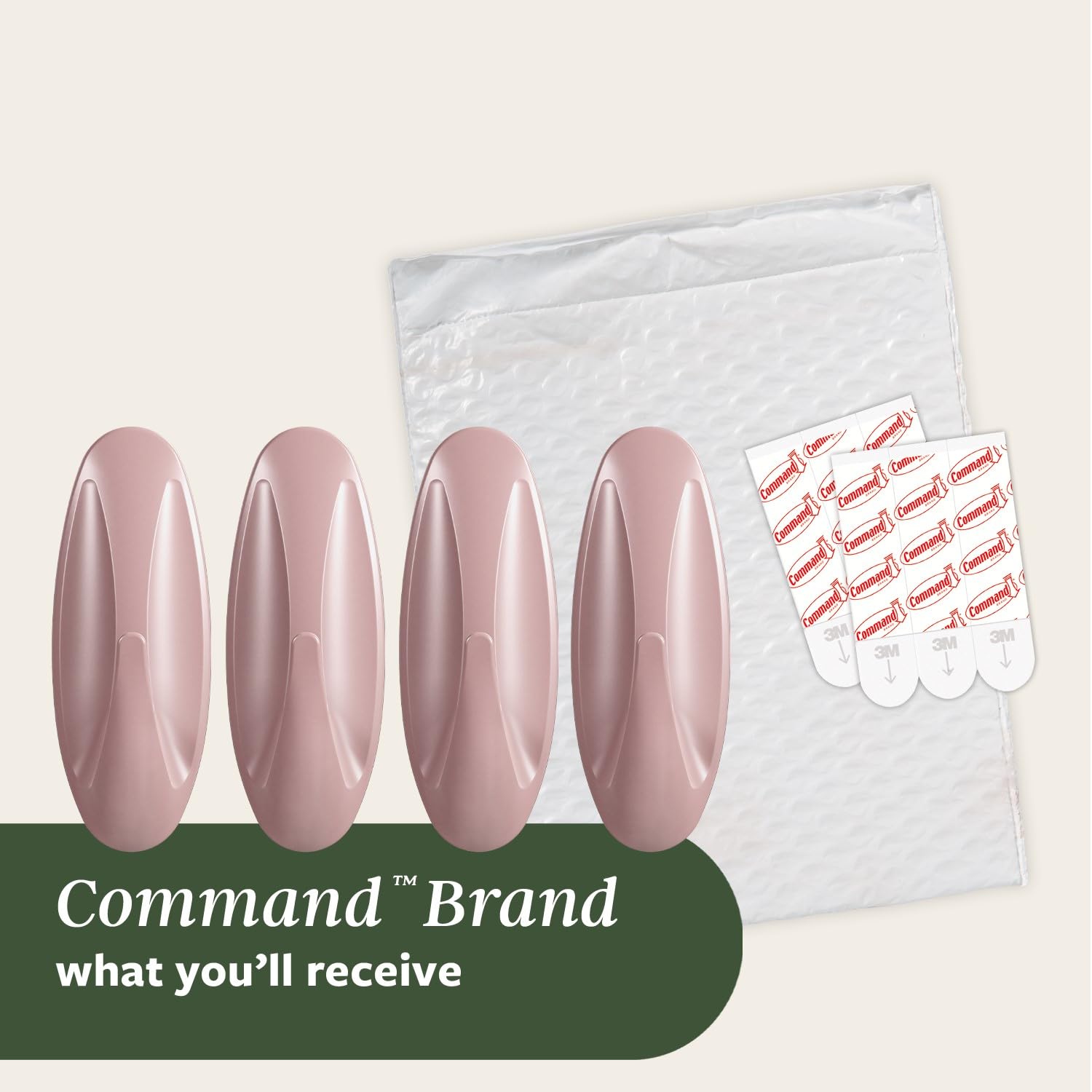 Command Medium Designer Hooks - Damage-Free Hanging | Dusty Rose | 4 Hooks, 6 Strips 8