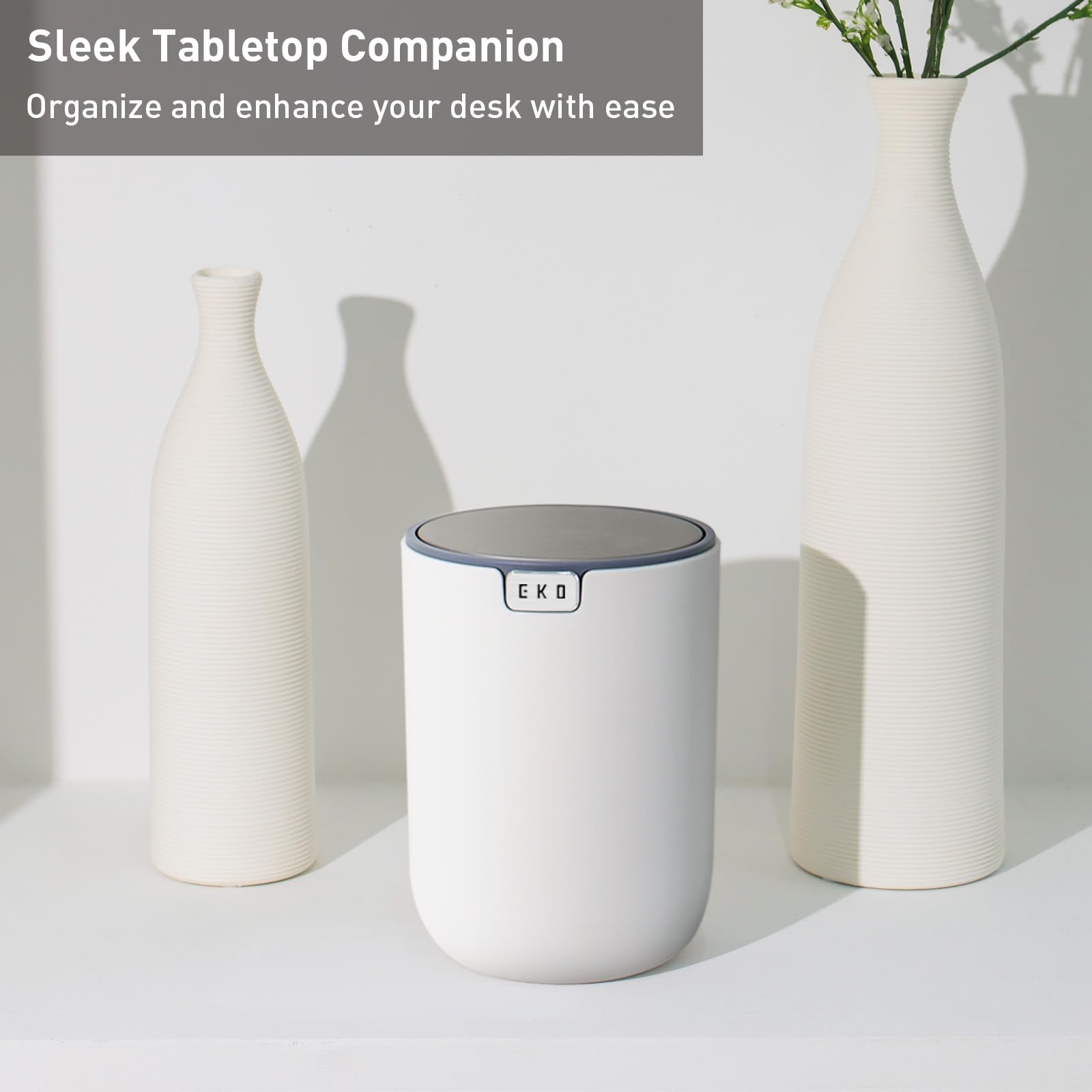 EKO Fandy Table Bin - 1.5L Mini Desk Rubbish Bin with Swing-Top Lid | White Plastic 3