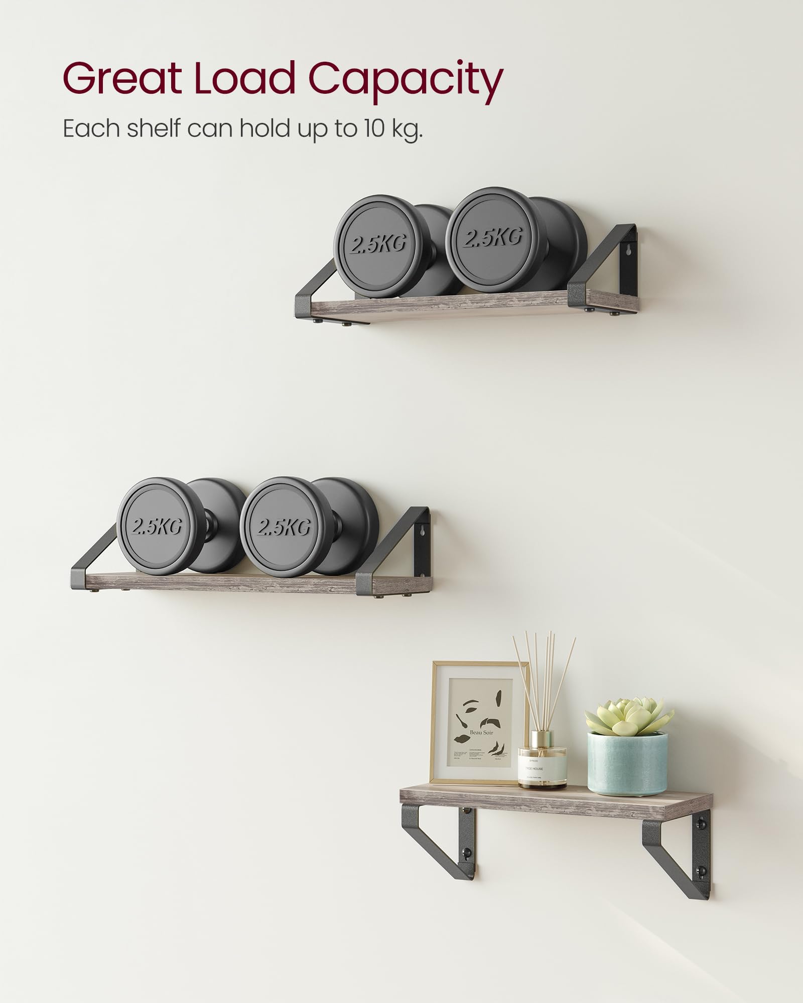VASAGLE Floating Wall Shelves - Set of 3 Display Shelves | Heather Greige & Matte Black | Max 10 kg Capacity Each 8