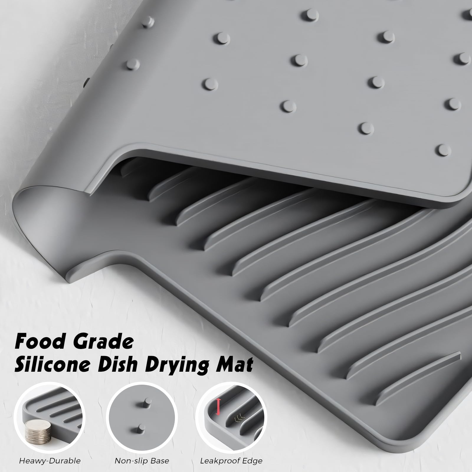 Woobroo Silicone Dish Drying Mat - Non-Slip, Heat-Resistant, Grey | 48x35 cm 4