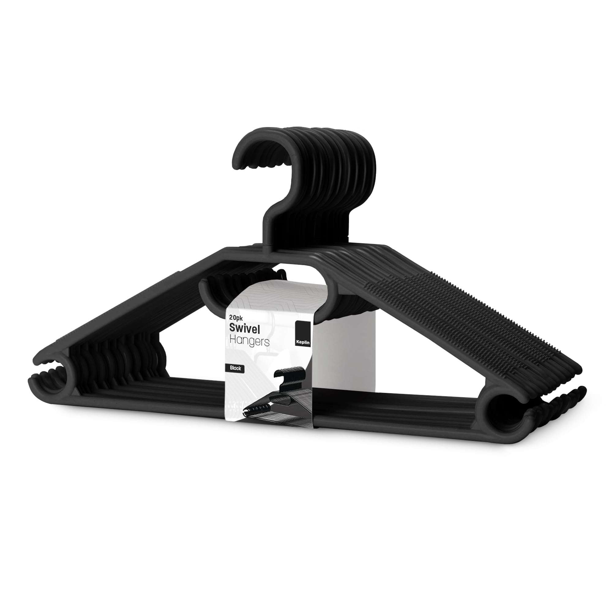 KEPLIN Space Saving Black Plastic Coat Hangers - 20 Pack | Heavy Duty Swivel Hook