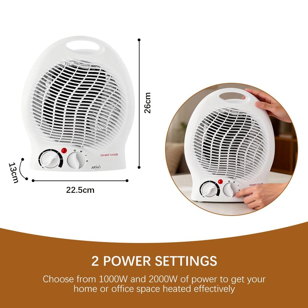 Armo Home 2KW Portable Electric Fan Heater - Adjustable Thermostat | White | Compact 3