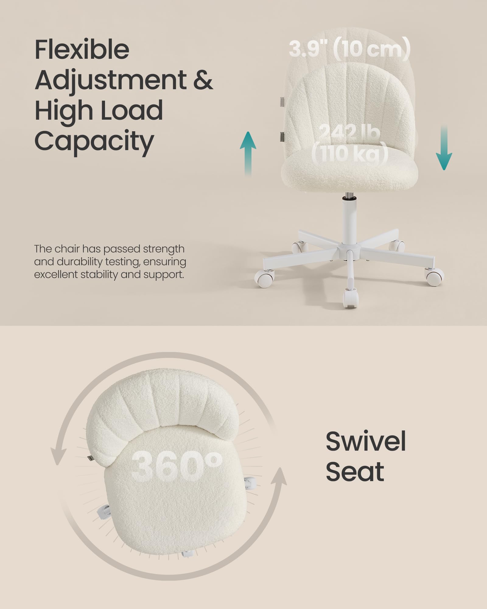 SONGMICS Teddy Fleece Desk Chair - Height Adjustable Swivel, Cream White | Max Load 110 kg 7