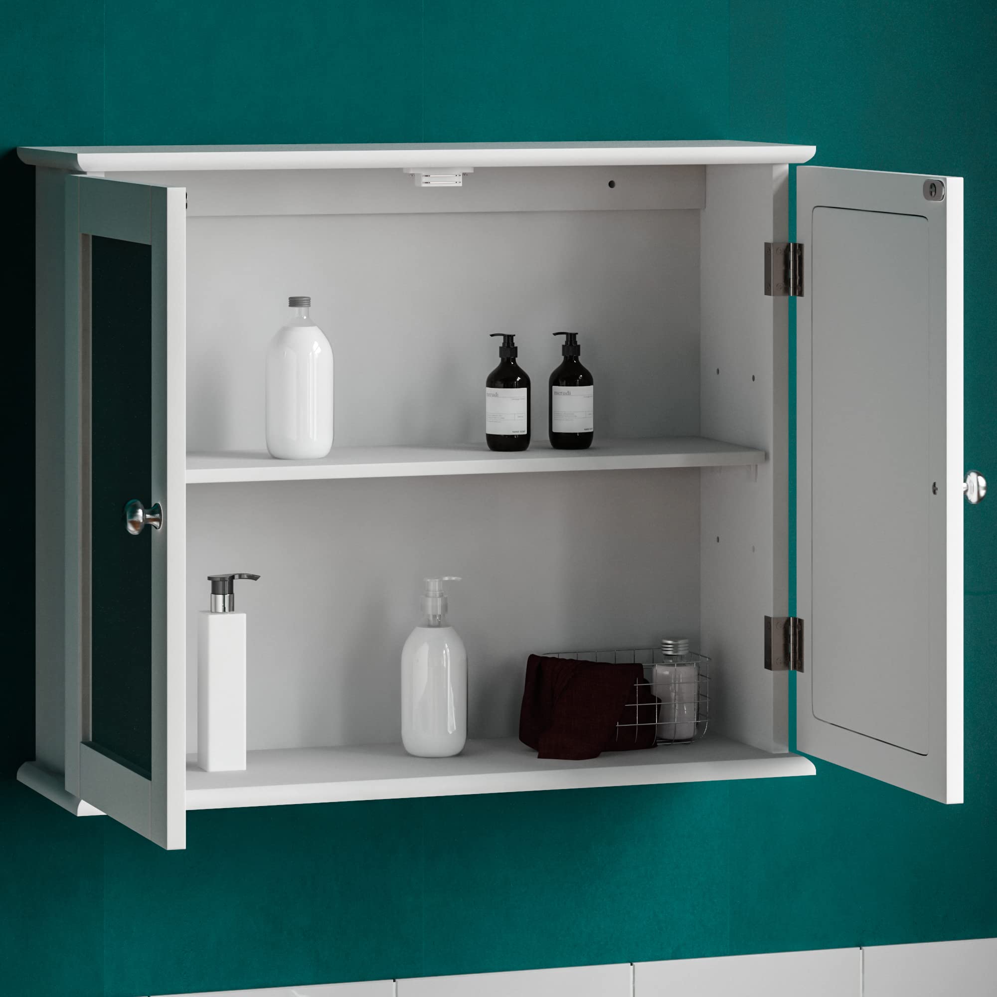 Bath Vida Priano Double Door Mirrored Wall Cabinet Storage Cupboard | White | H 47 x W 57 x D 18 cm 5