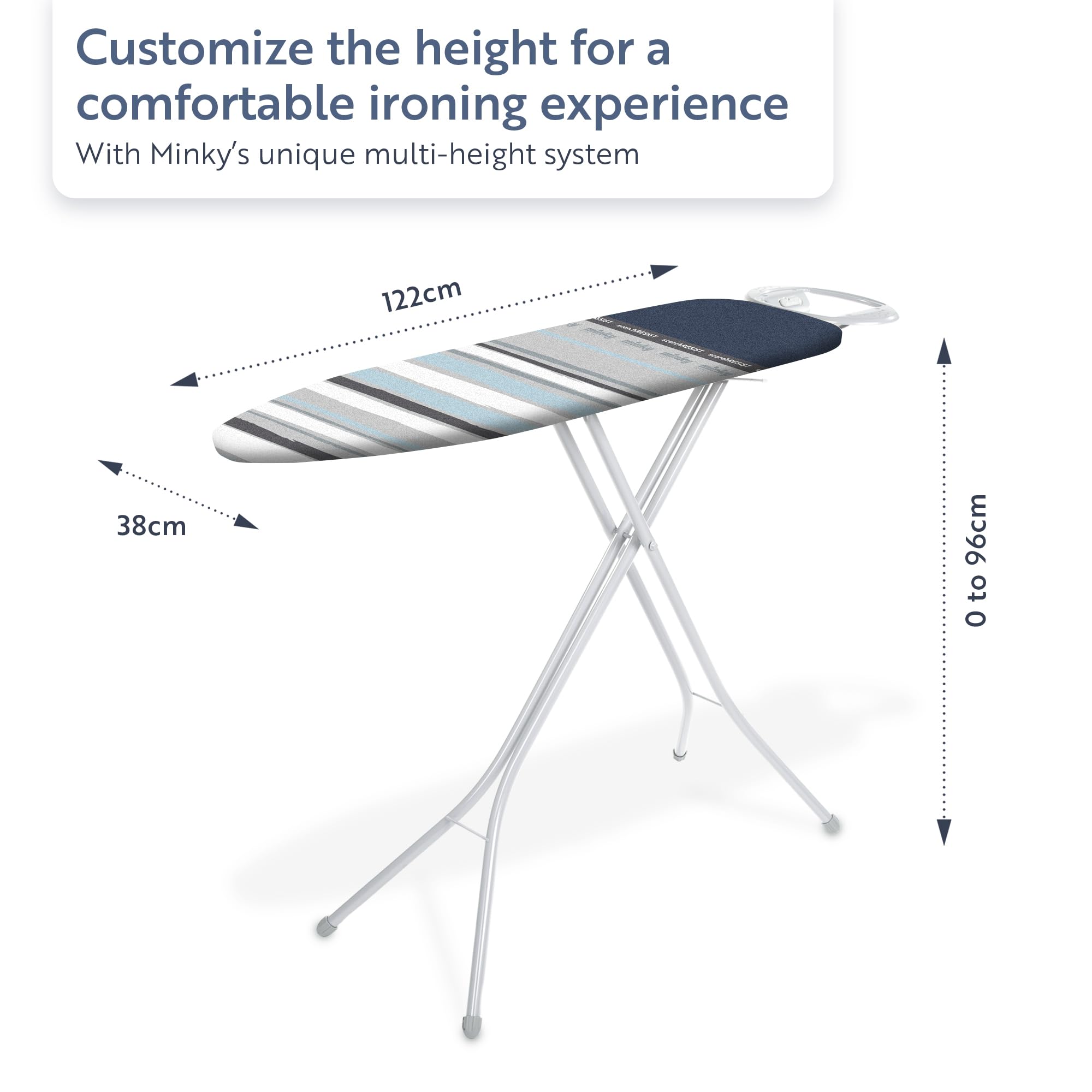 Minky Large Premium Ironing Board - 122 x 38cm Surface | Multi-Height up to 96cm | UK Made 3