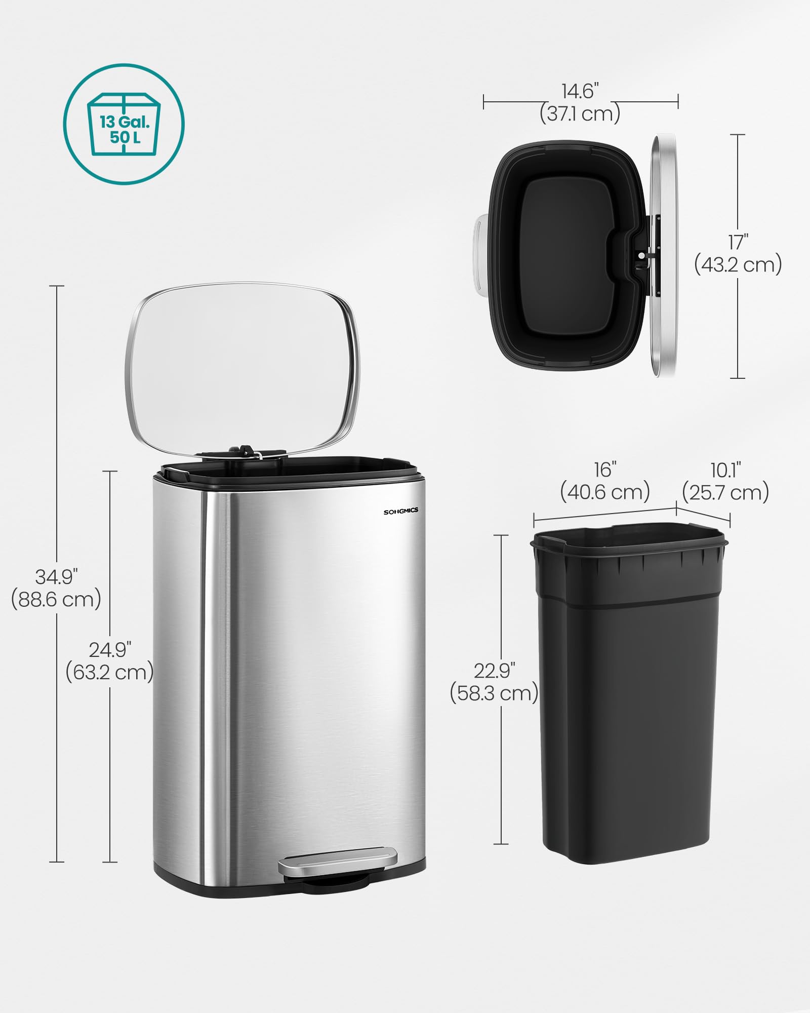 SONGMICS Kitchen Bin 50 L Pedal Rubbish Bin | Soft Close | Steel | Silver LTB050E01 6