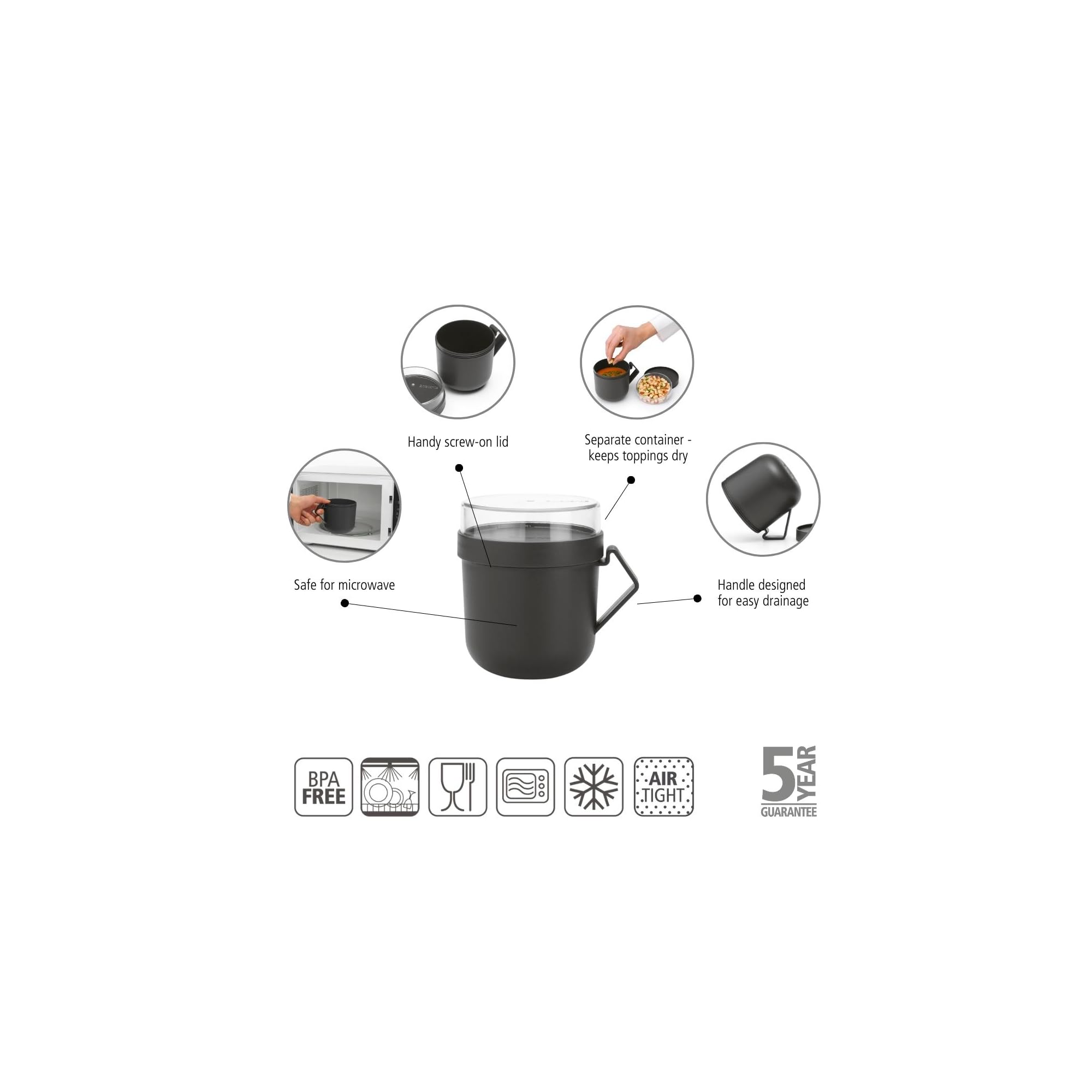 Brabantia Make & Take Soup Mug - 0.6L Capacity, Leakproof, with 180ml Toppings Container | Dark Grey 4