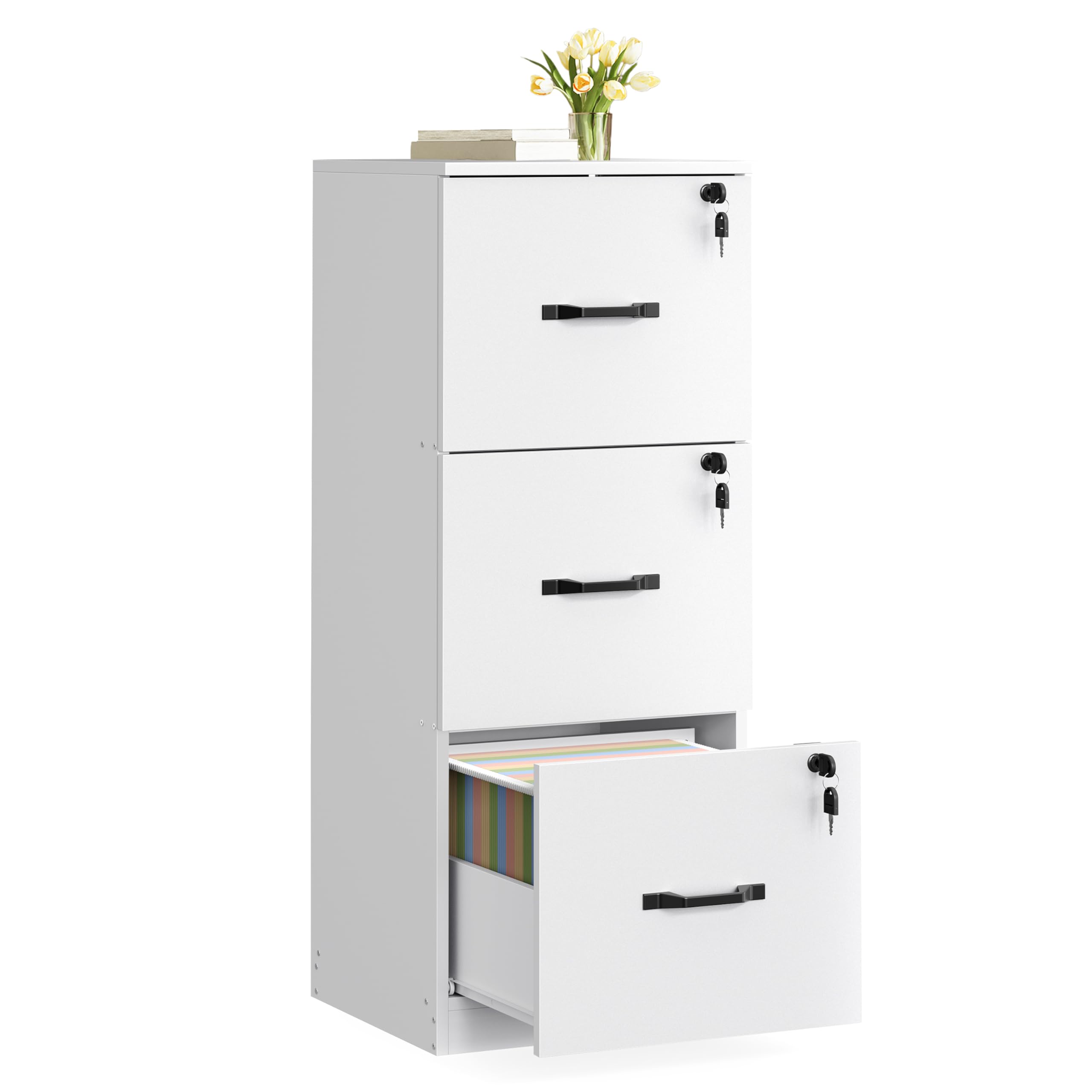 VASAGLE File Cabinet, Filing Cabinet for Home Office, Printer Stand, with 3 Lockable Drawers, Adjustable Hanging Rails, for A4 and Letter-Size Files, Cloud White OFC055W14