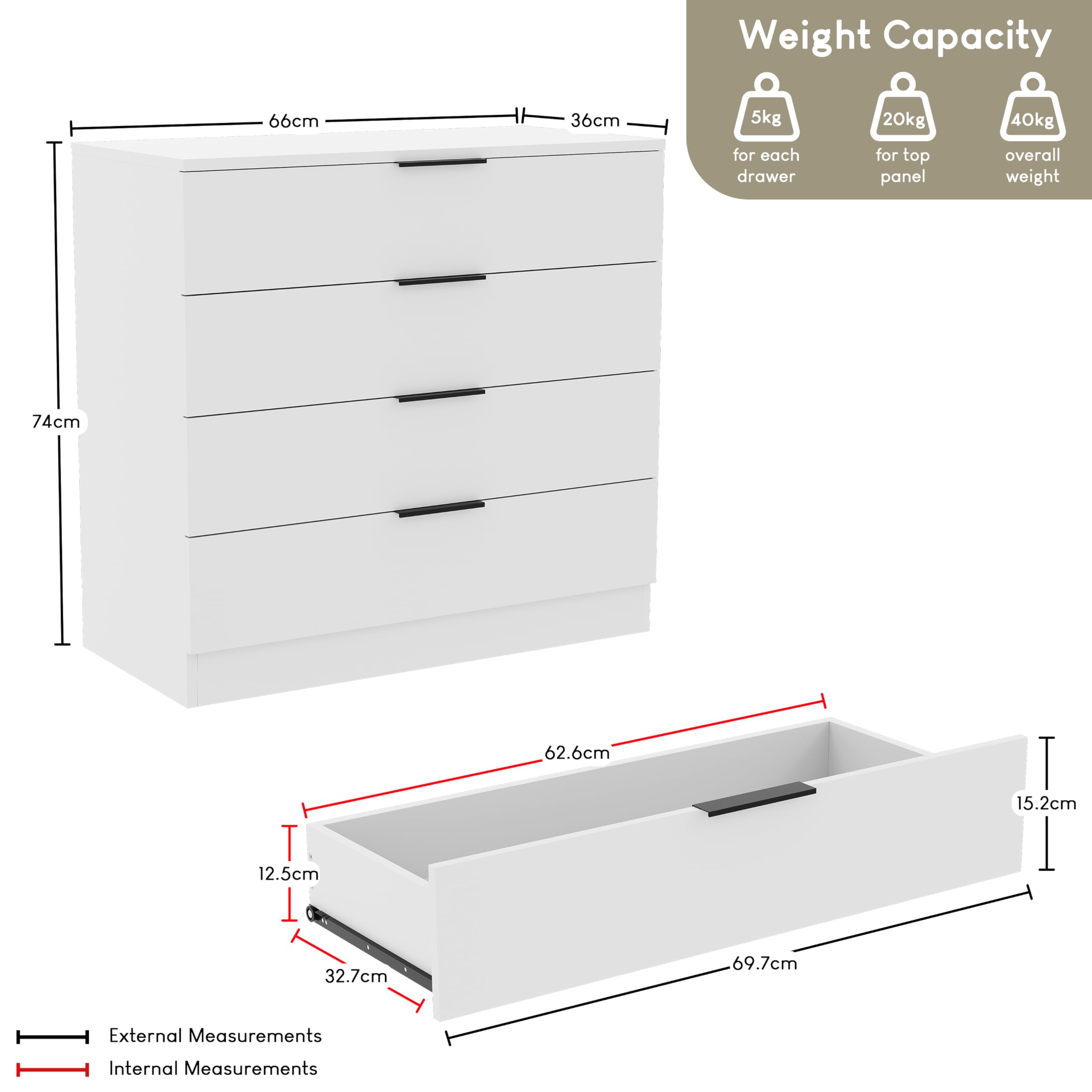 Vida Designs Trega 4 Drawer Chest of Drawers - White | 74H x 66W x 36D cm | Engineered Wood 2