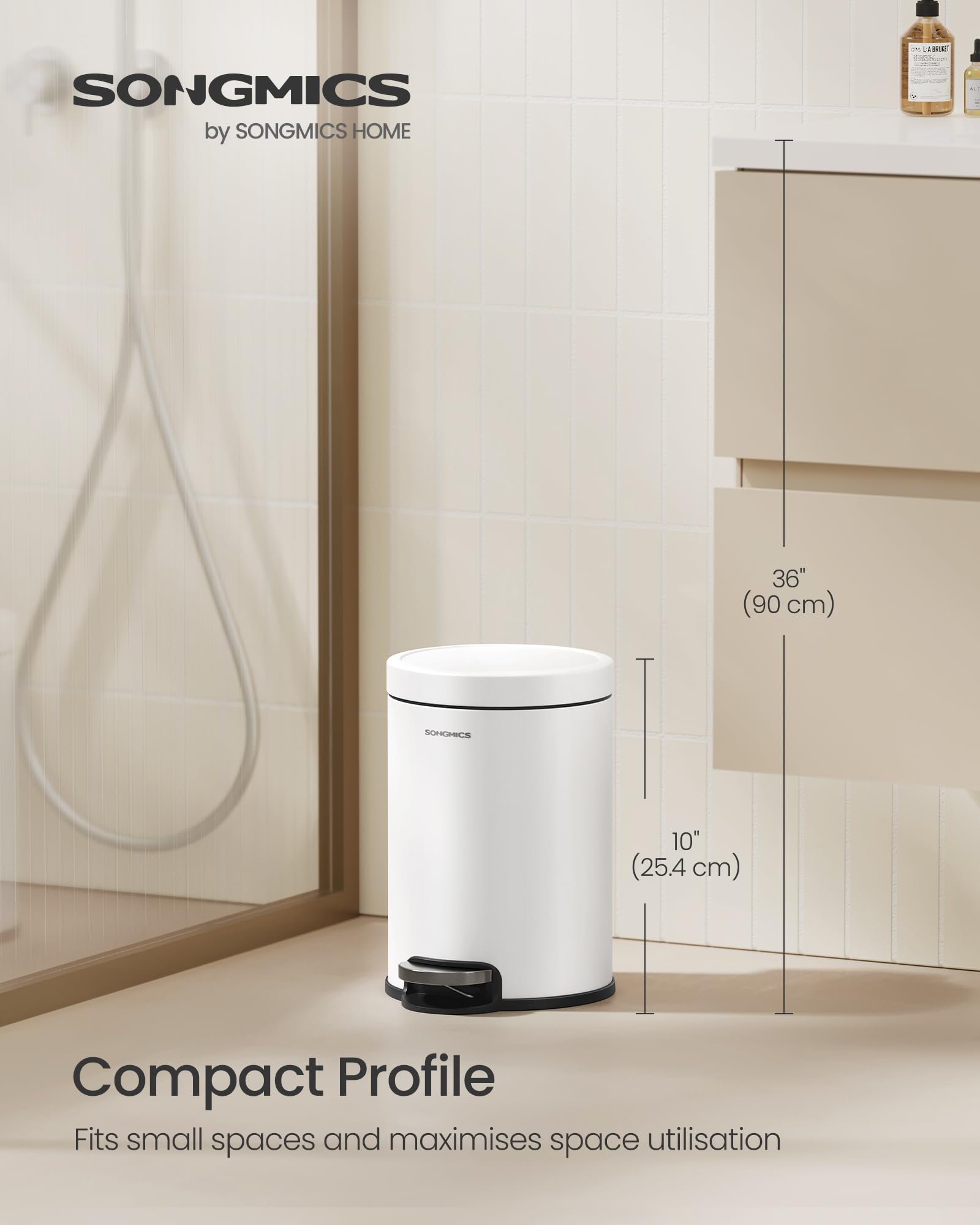 SONGMICS Bathroom Pedal Bin - 3 L Capacity | Soft-Close Lid | Cloud White Steel 2