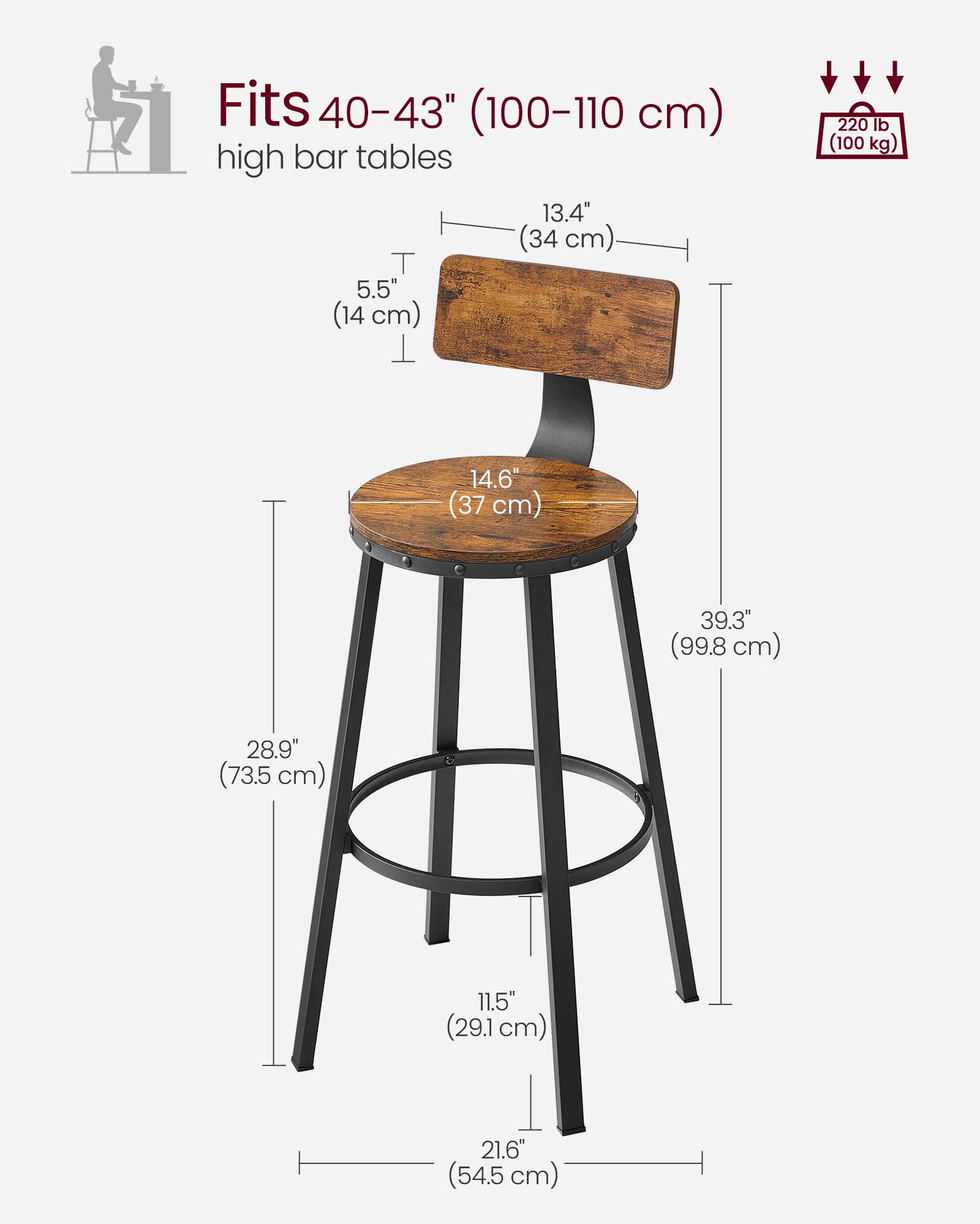 VASAGLE Bar Stools Set of 2 - Industrial Style with Backrest | Rustic Brown & Black | 100kg Capacity 6
