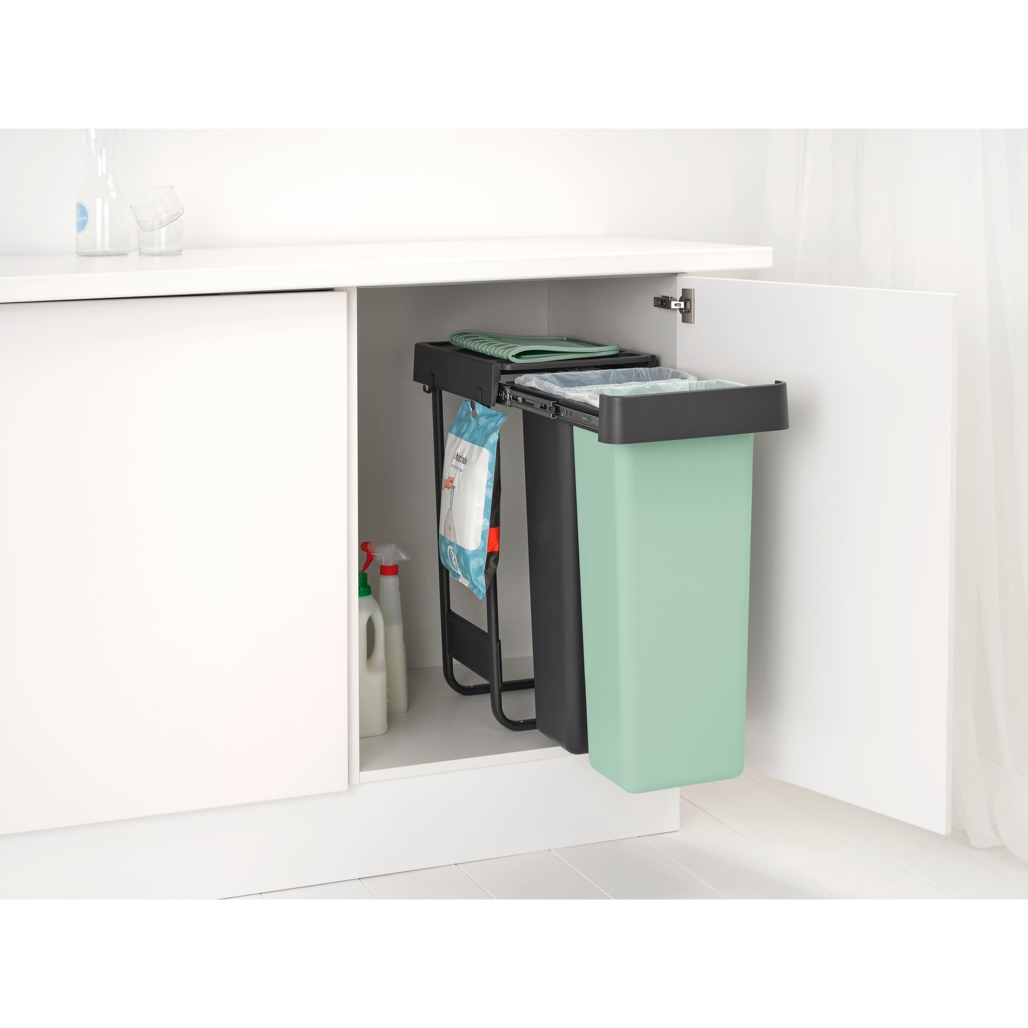 Brabantia Sort & Go Pull Out Bin - Dual 30L Capacity | Built-in Under Sink | Grey/Green 3