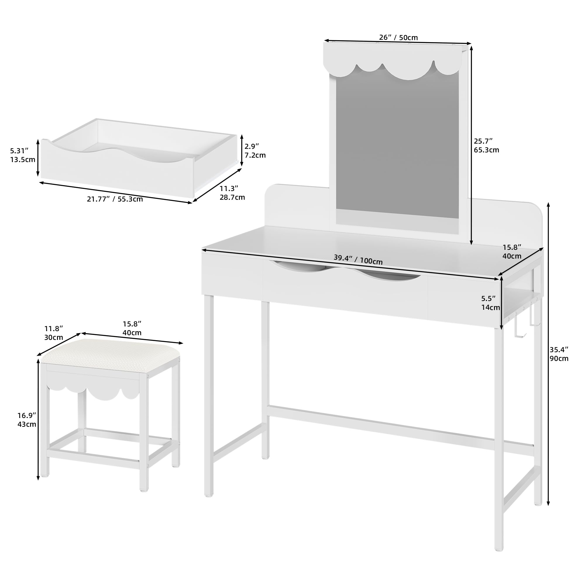 YITAHOME Cloud-Shaped Dressing Table with 3-Color LED Mirror & Stool | White Engineered Wood 5