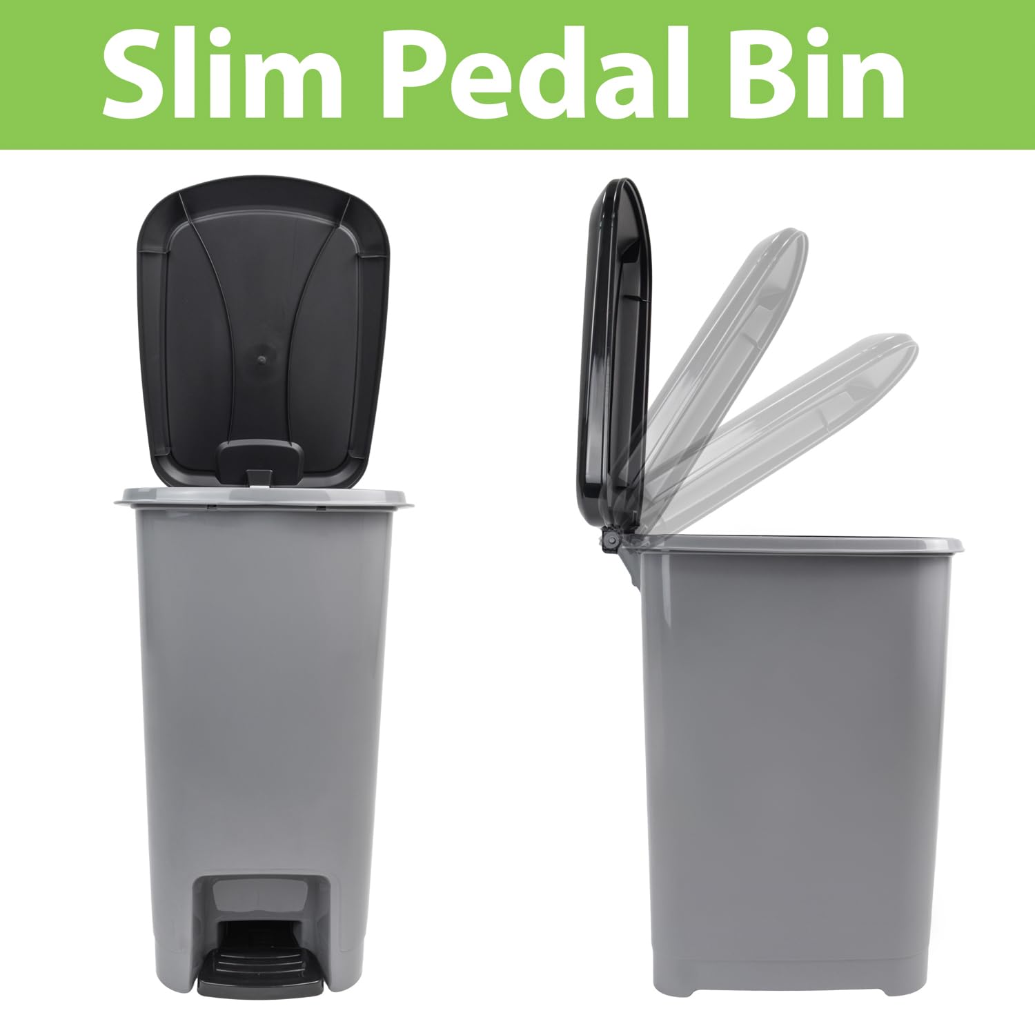 JVL Slim Plastic Lidded Foot Pedal Waste Bin - 15L Capacity | Grey | BPA Free 8