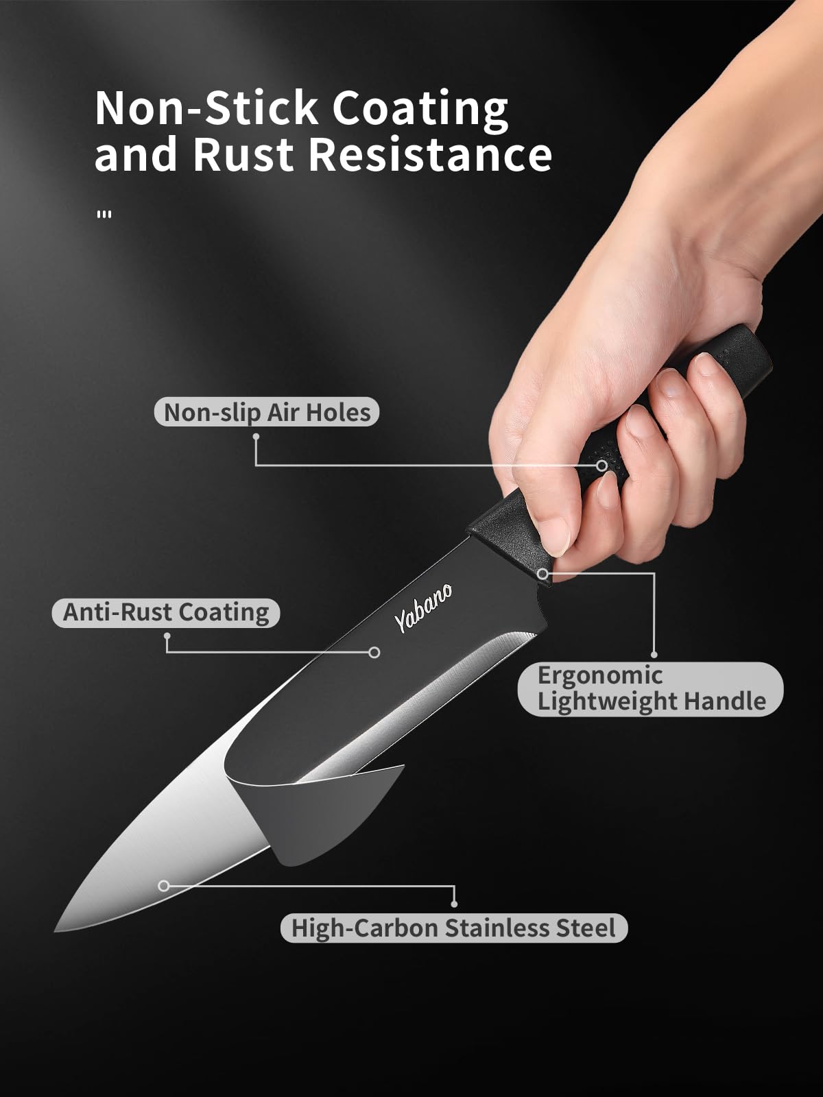 Yabano 8 Piece Kitchen Knife Set with Block - Stainless Steel, Built-in Sharpener, Black 3