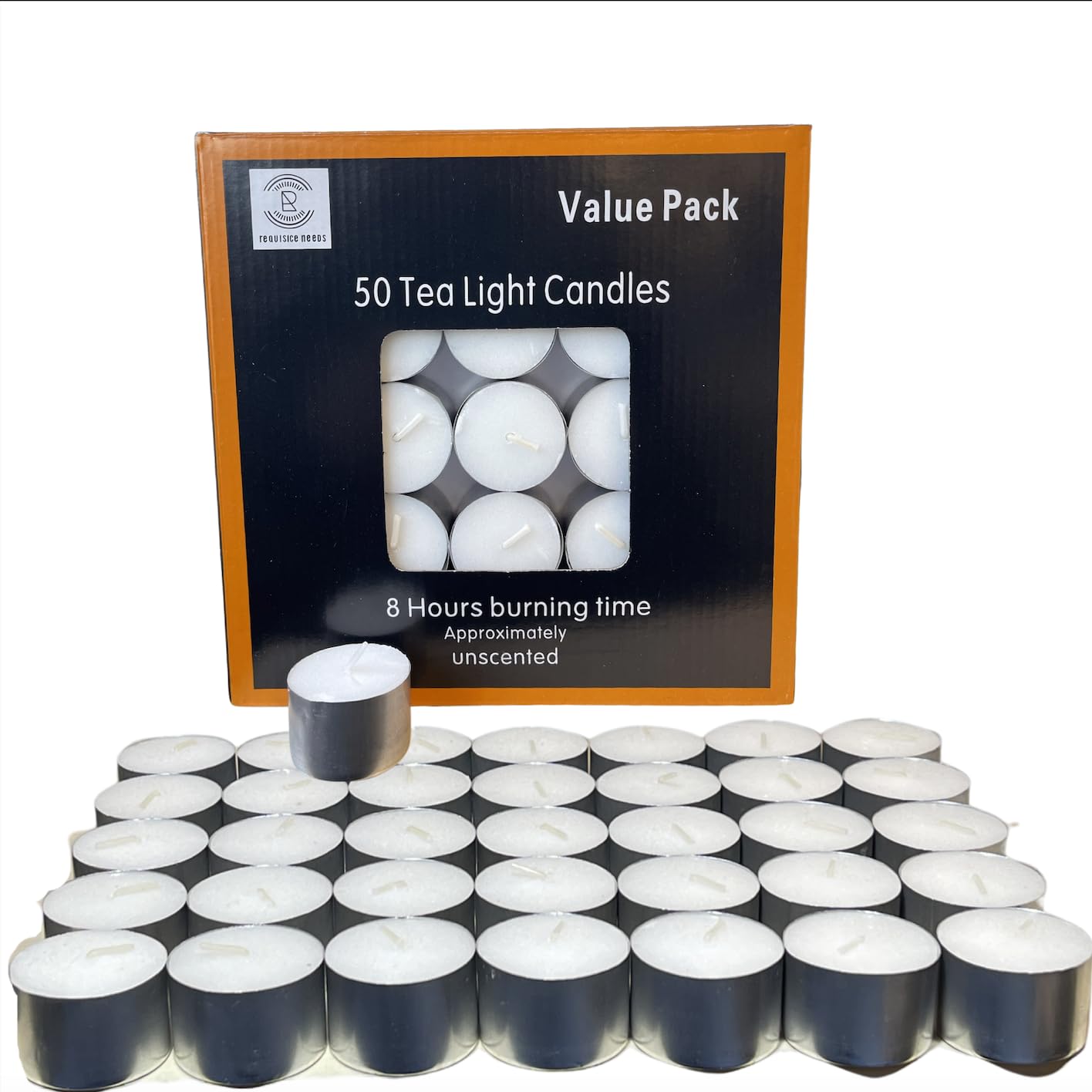 REQUISITE NEEDS Unscented Tea Light Candles - 8 Hour Burn Time, White Wax, Pack of 50 | Lead-Free Wick