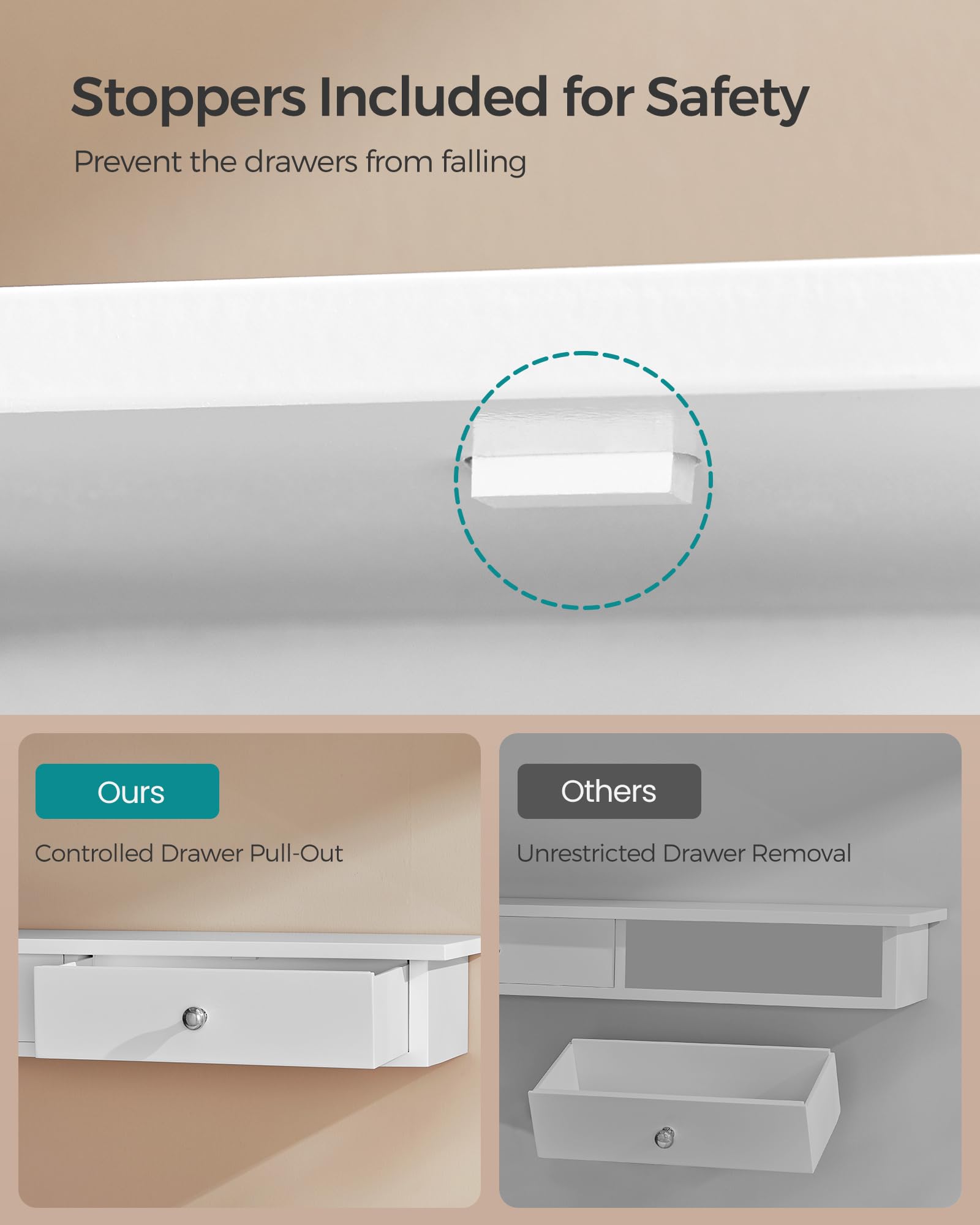 SONGMICS Floating Wall Shelf with 2 Drawers | White Engineered Wood | 65 x 15 x 10 cm | 15 kg Capacity 6