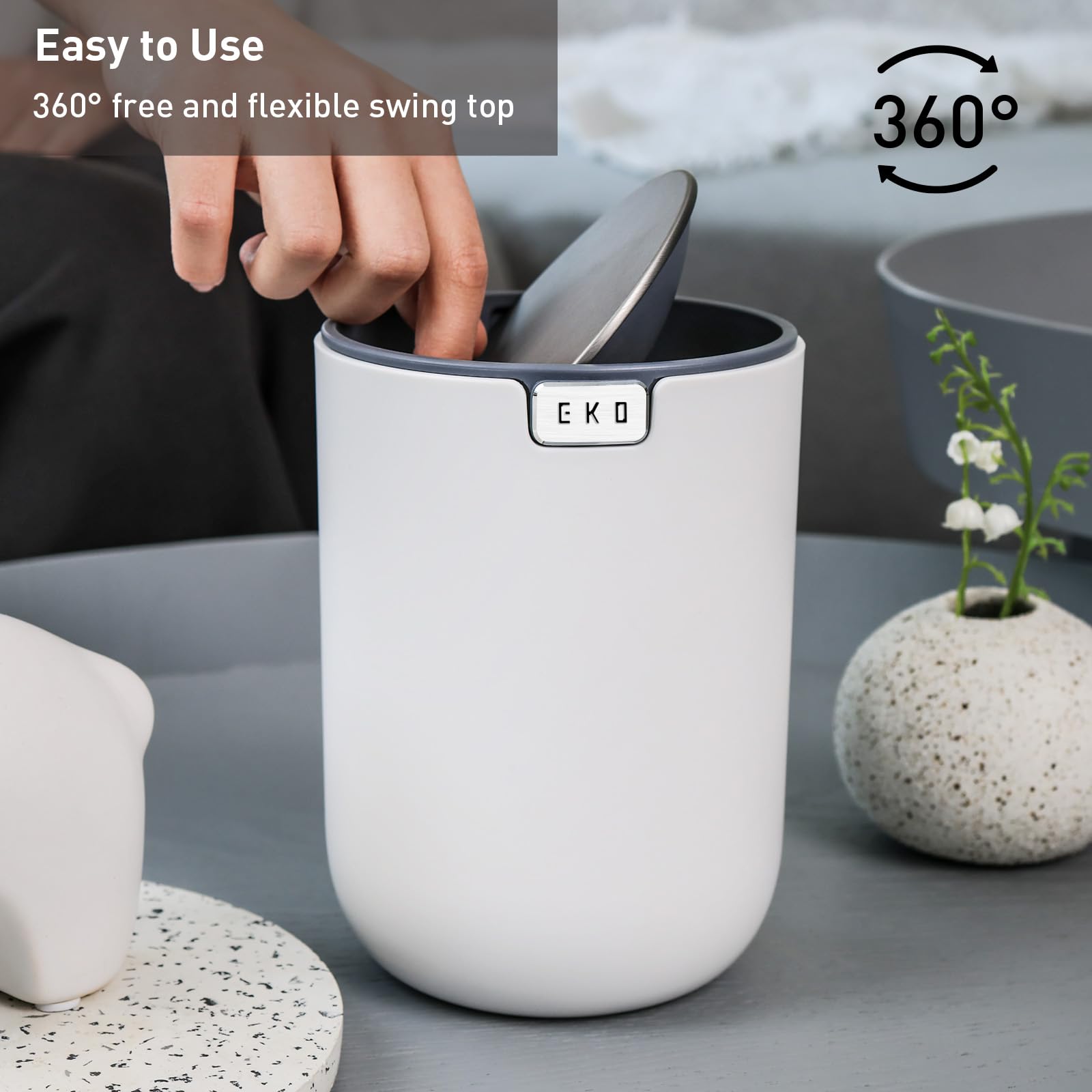 EKO Fandy Table Bin - 1.5L Mini Desk Rubbish Bin with Swing-Top Lid | White Plastic 4