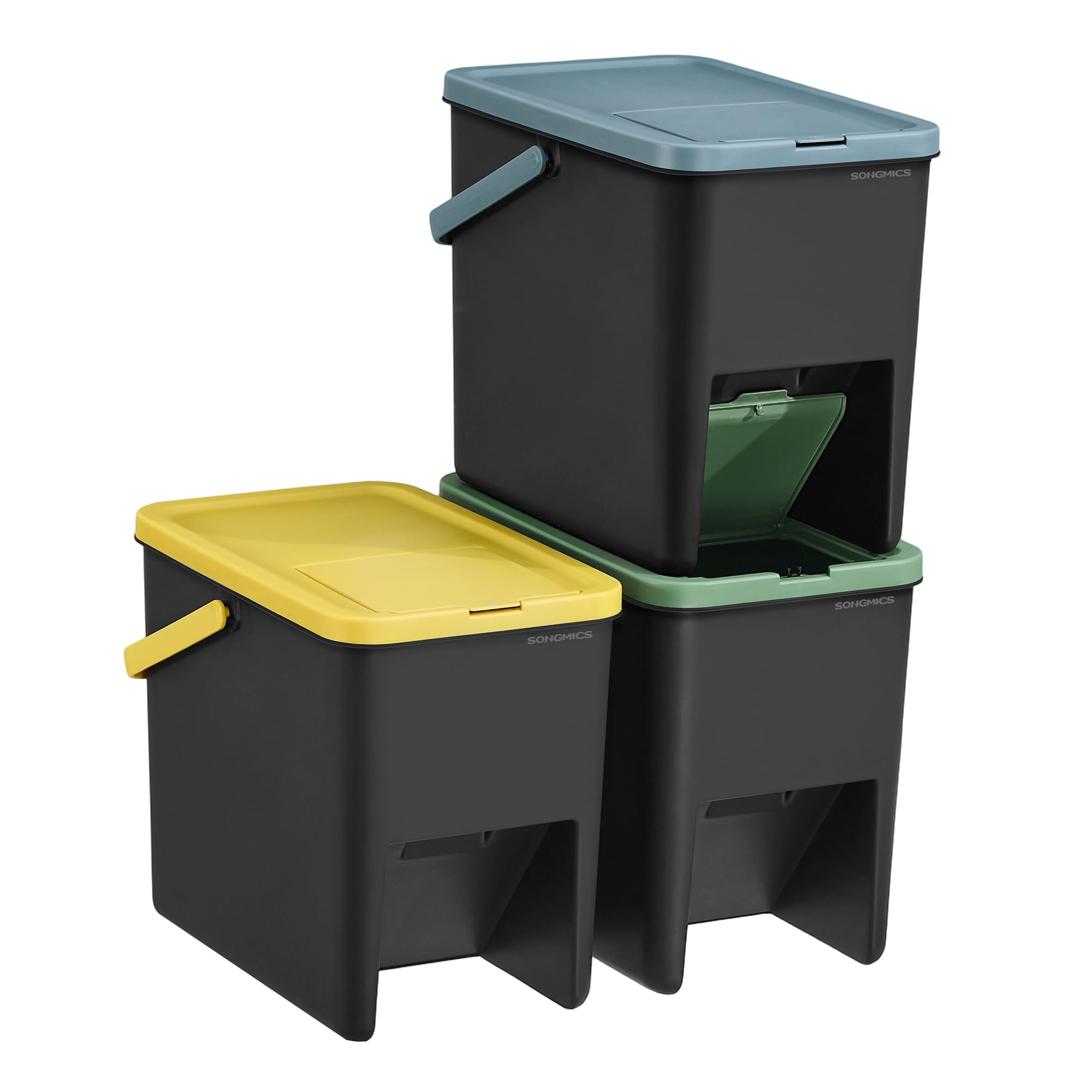SONGMICS Waste Separation System - Set of 3 Stackable Kitchen Bins | 20 L Each | Press-to-Open 1
