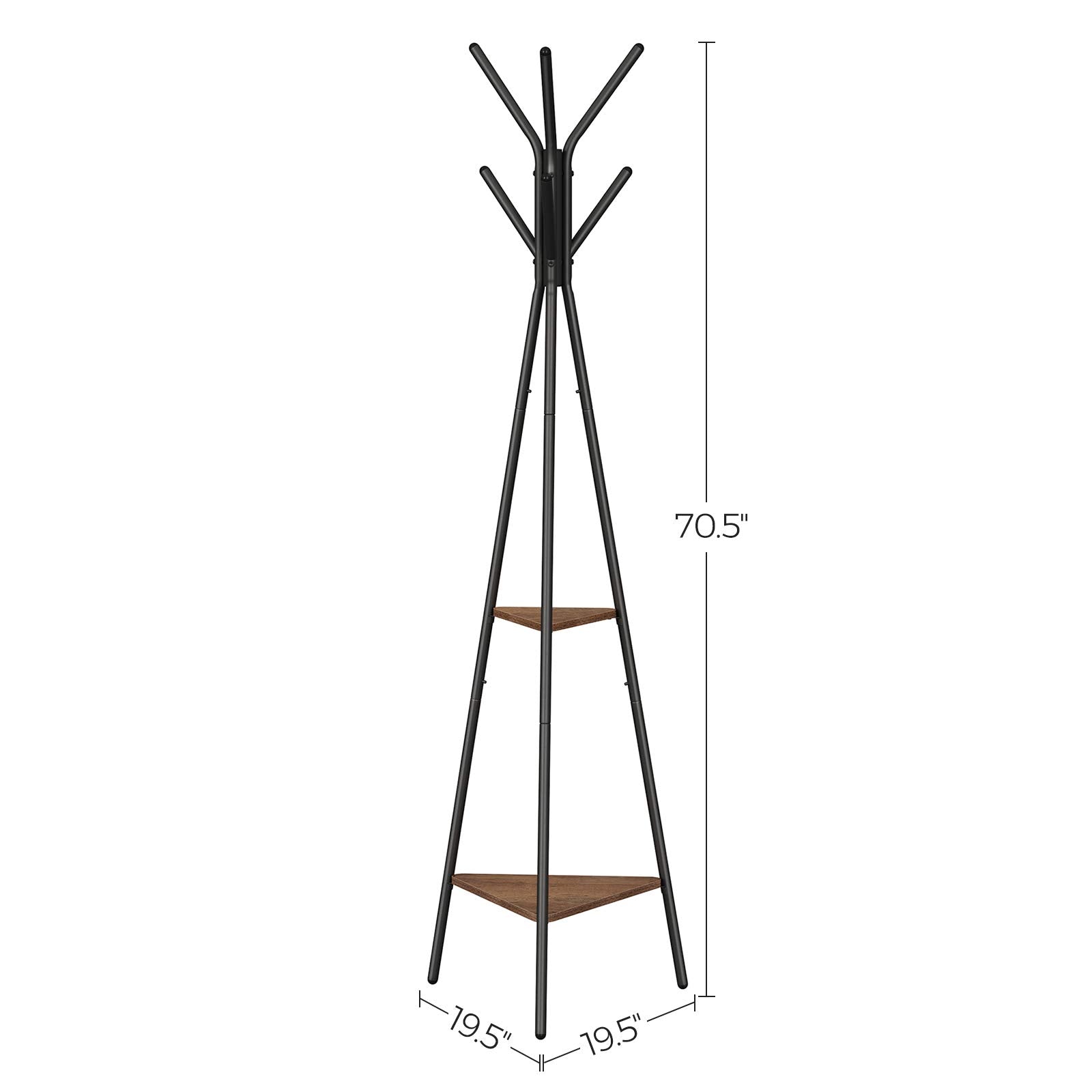 VASAGLE Industrial Style Coat Rack Stand with 6 Hooks and 2 Triangular Shelves | Steel & Fiberboard | 49.5x49.5x179 cm 8