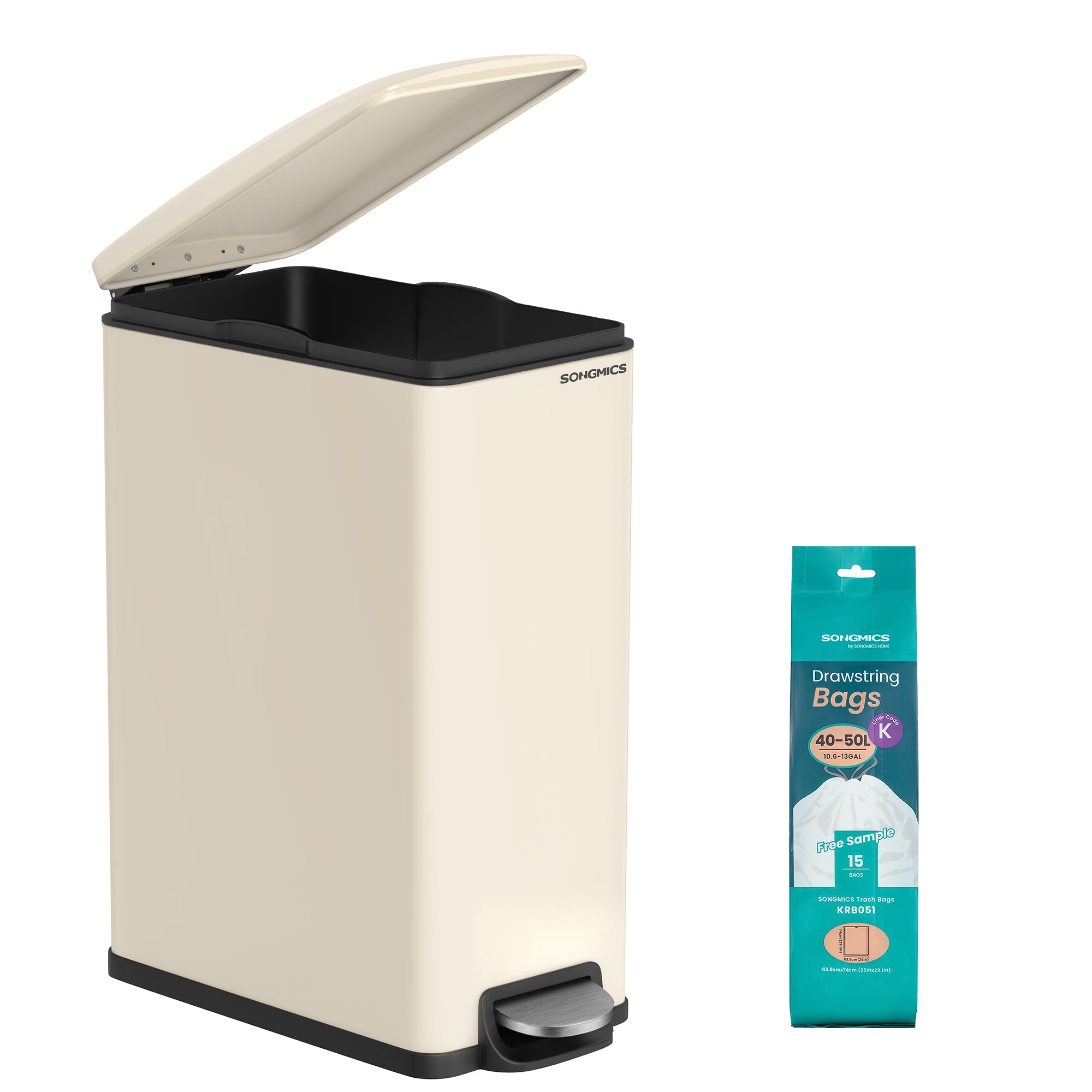 SONGMICS Kitchen Bin - Slim Pedal Waste Separation System | 48 L (12.7 Gallon) | Sand Beige 1