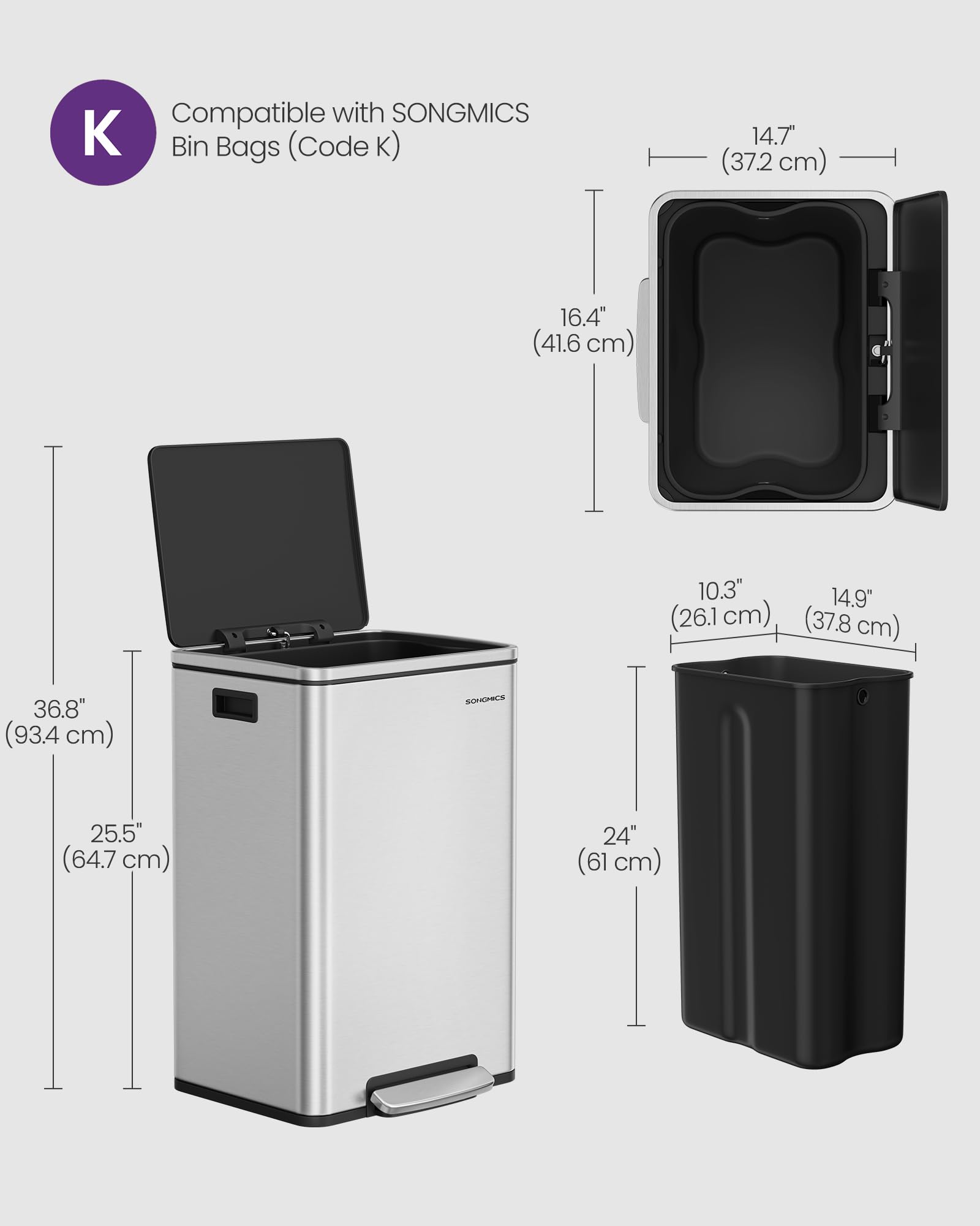 SONGMICS 50 L Stainless Steel Kitchen Bin with Foot Pedal | Rust & Fingerprint Resistant | Includes 15 Bin Bags 6