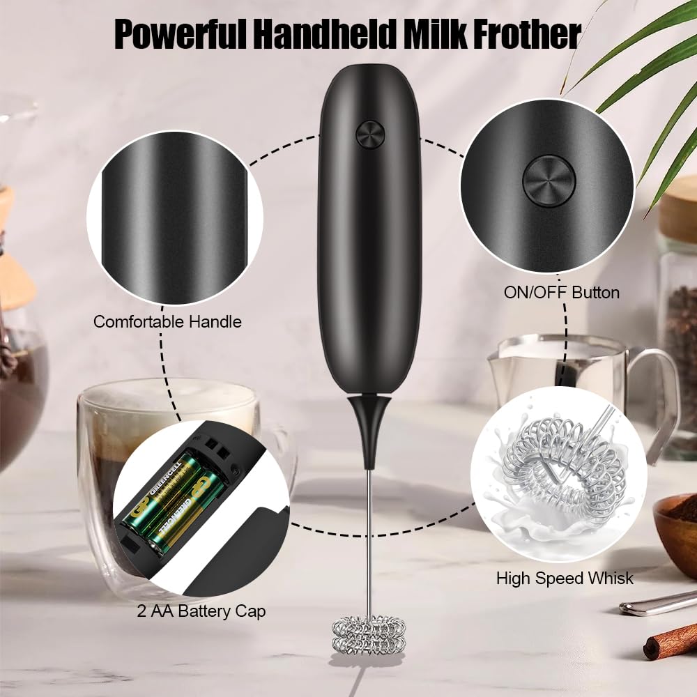 Woobroo Handheld Milk Frother - Battery Operated, Stainless Steel Whisk Head | Black 3