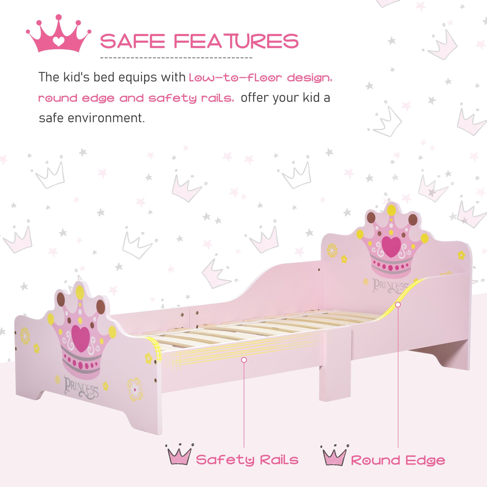 HOMCOM Princess Crown Toddler Bed for Girls | Low Height, Safety Rails | Supports 50kg 5