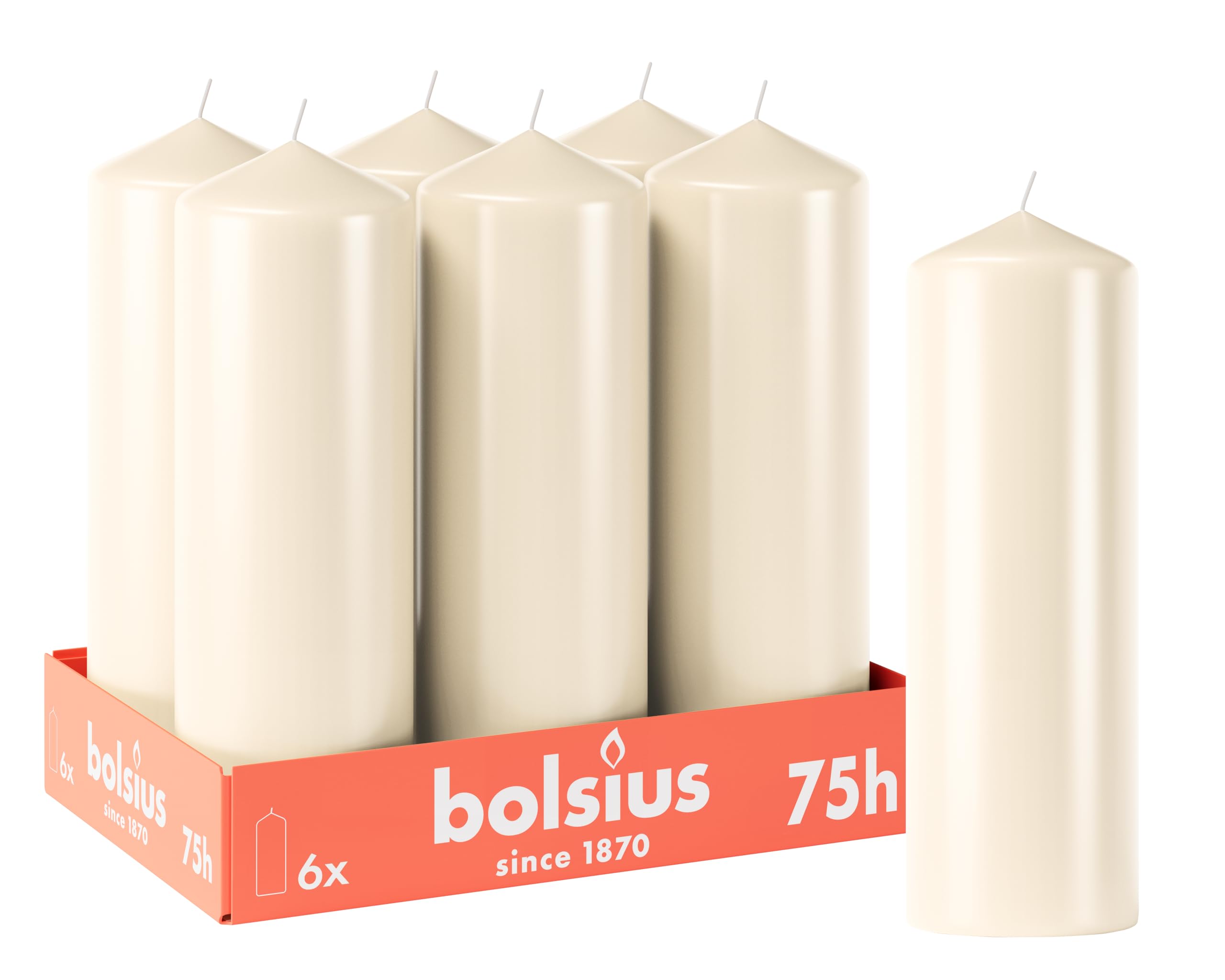 BOLSIUS Smooth Pillar Candles - Ivory - 6 Pack | 20 x 7 cm | 75 Hr Burn Time | Unscented
