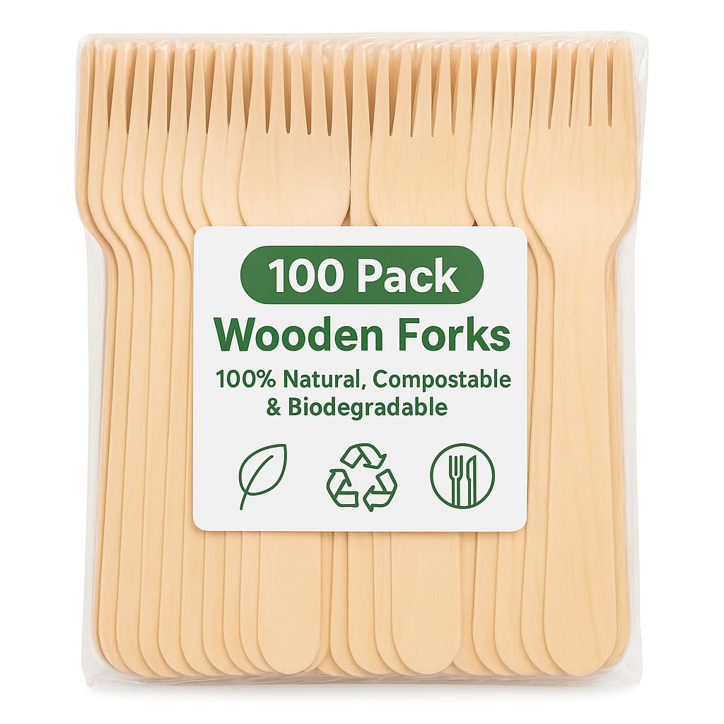 1ABOVE Disposable Wooden Cutlery Set - 100 Pack Forks | Biodegradable & Sturdy | Light Brown
