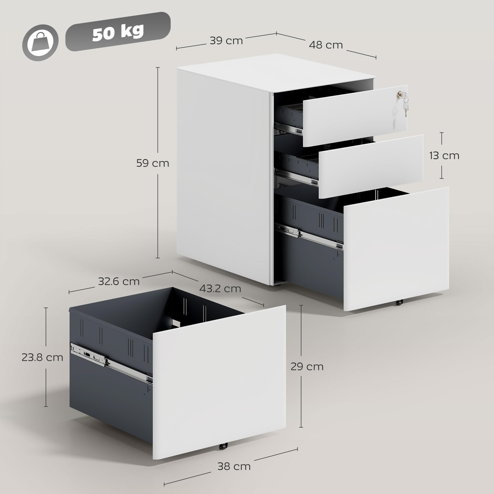 Vinsetto 3-Drawer Mobile File Cabinet - Steel, Lockable, A4/Legal/Letter Support | White 3