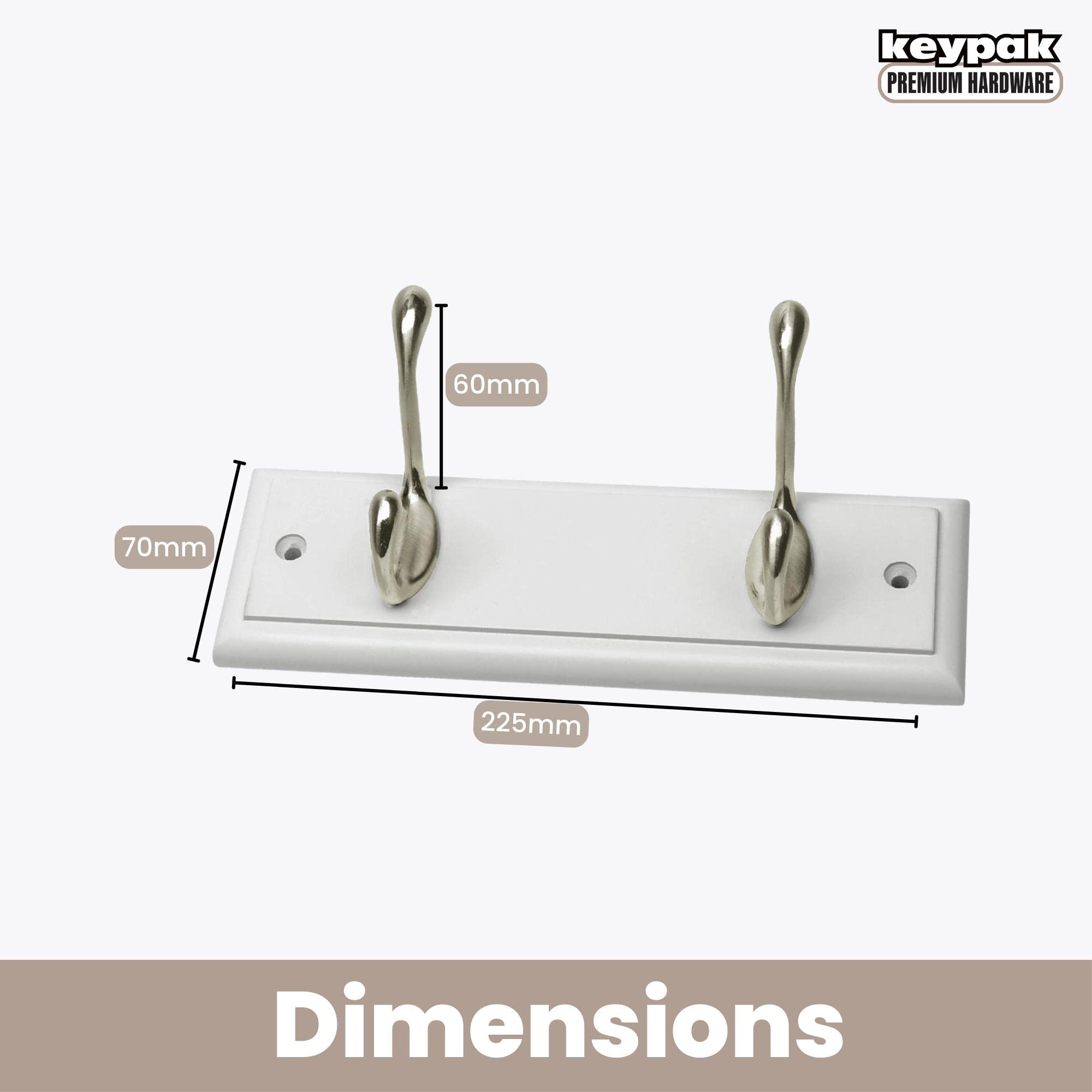 keypak 2-Hook Wall Mounted Coat Rack - White Engineered Wood Board | Satin Nickel Hooks | Fixings Included 3