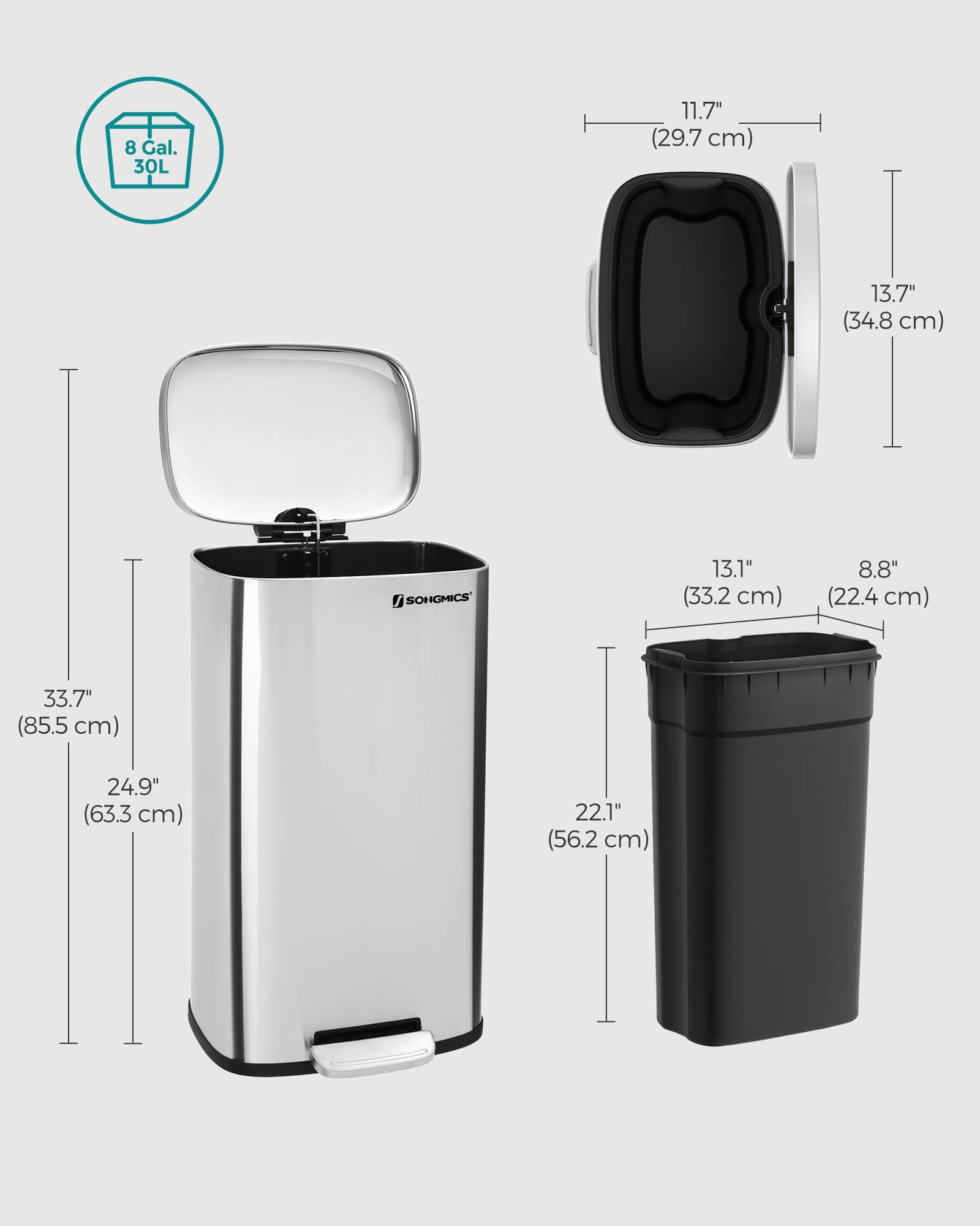 SONGMICS 30L Kitchen Bin - Soft-Close Pedal Bin with Inner Bucket | Steel, Silver LTB03NL 6