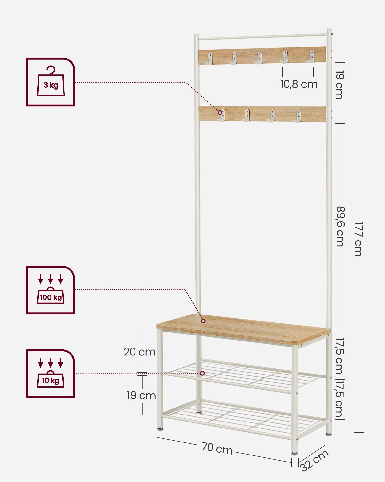 VASAGLE 3-in-1 Coat Rack with Shoe Bench and Shelf | Steel Frame | Colour Oak + Cream 7