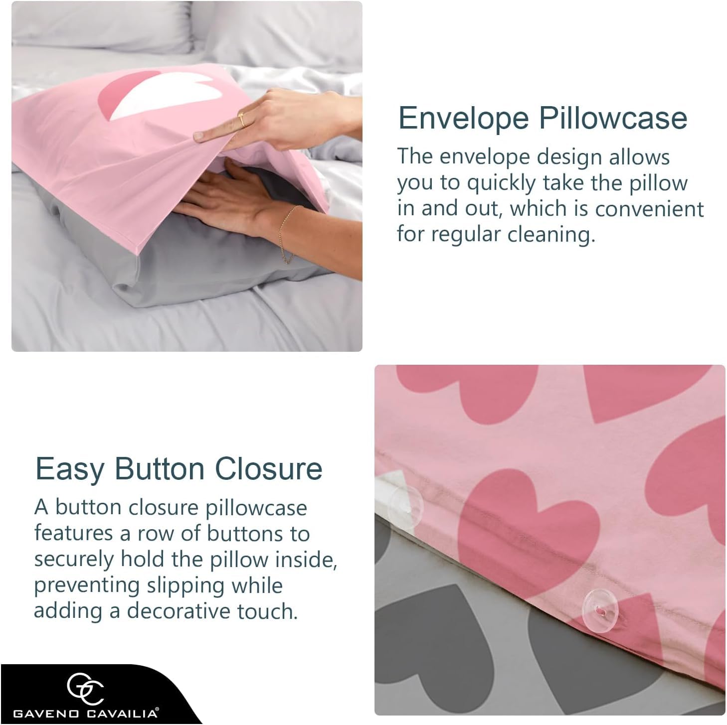 GC GAVENO CAVAILIA Heart Reversible Duvet Cover Set - King Size, Pink/Charcoal | 50% Cotton 4