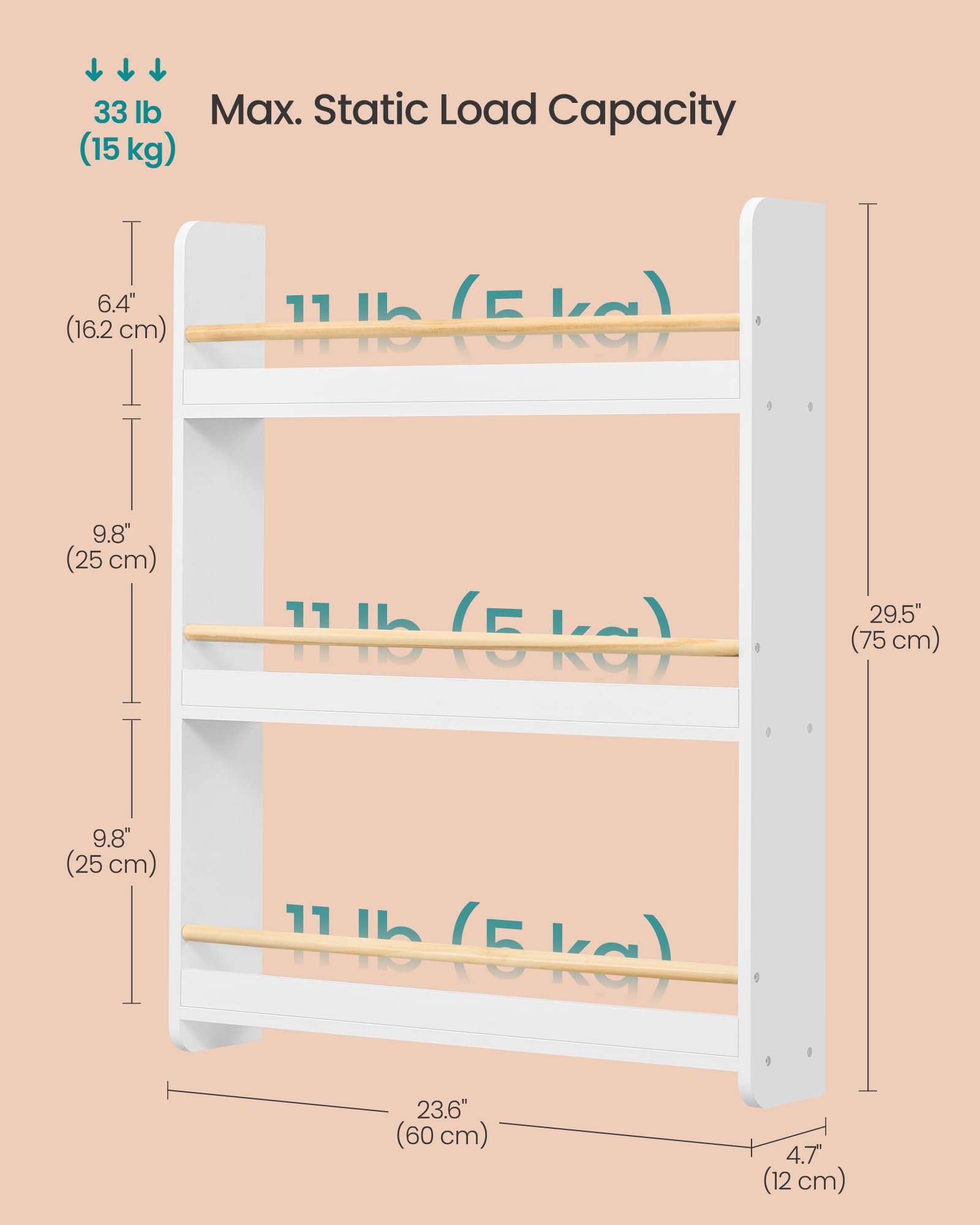SONGMICS Kids Bookshelf - 3-Tier Wall-Mounted Bookcase | MDF & Pine Wood | White 3