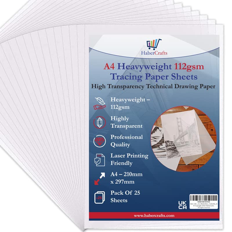Habercrafts Tracing Paper Sheets - 112gsm Heavyweight, Acid Free, Printable A4 (25 Sheets) 1