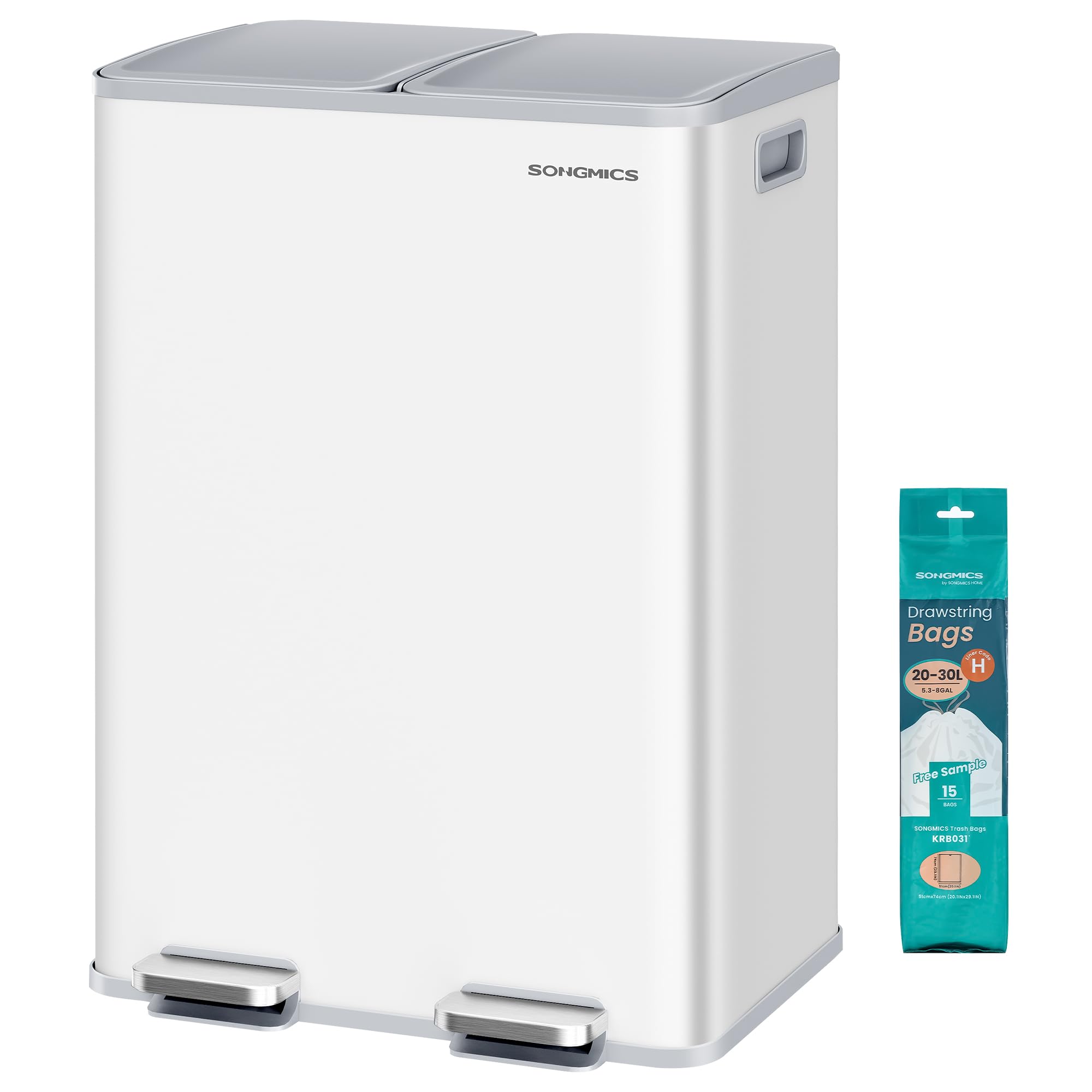 SONGMICS Kitchen Bin - Dual Compartment Pedal Trash Can | 2 x 30 L Capacity | Matte White Steel 1