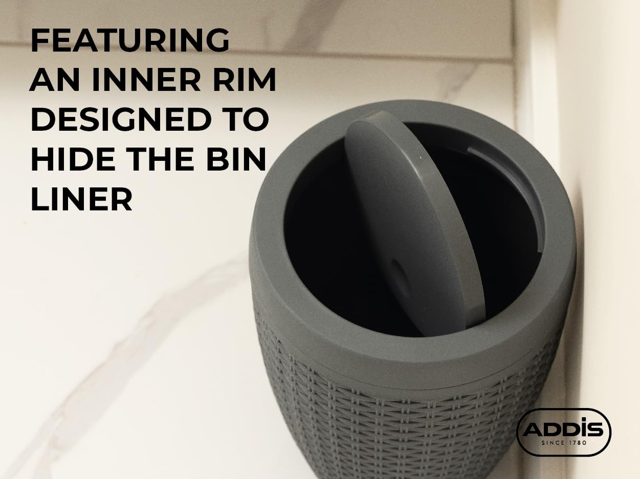 Addis Faux Rattan Round Swing Lid Bathroom Bin - Charcoal | 5L Capacity | Plastic 3
