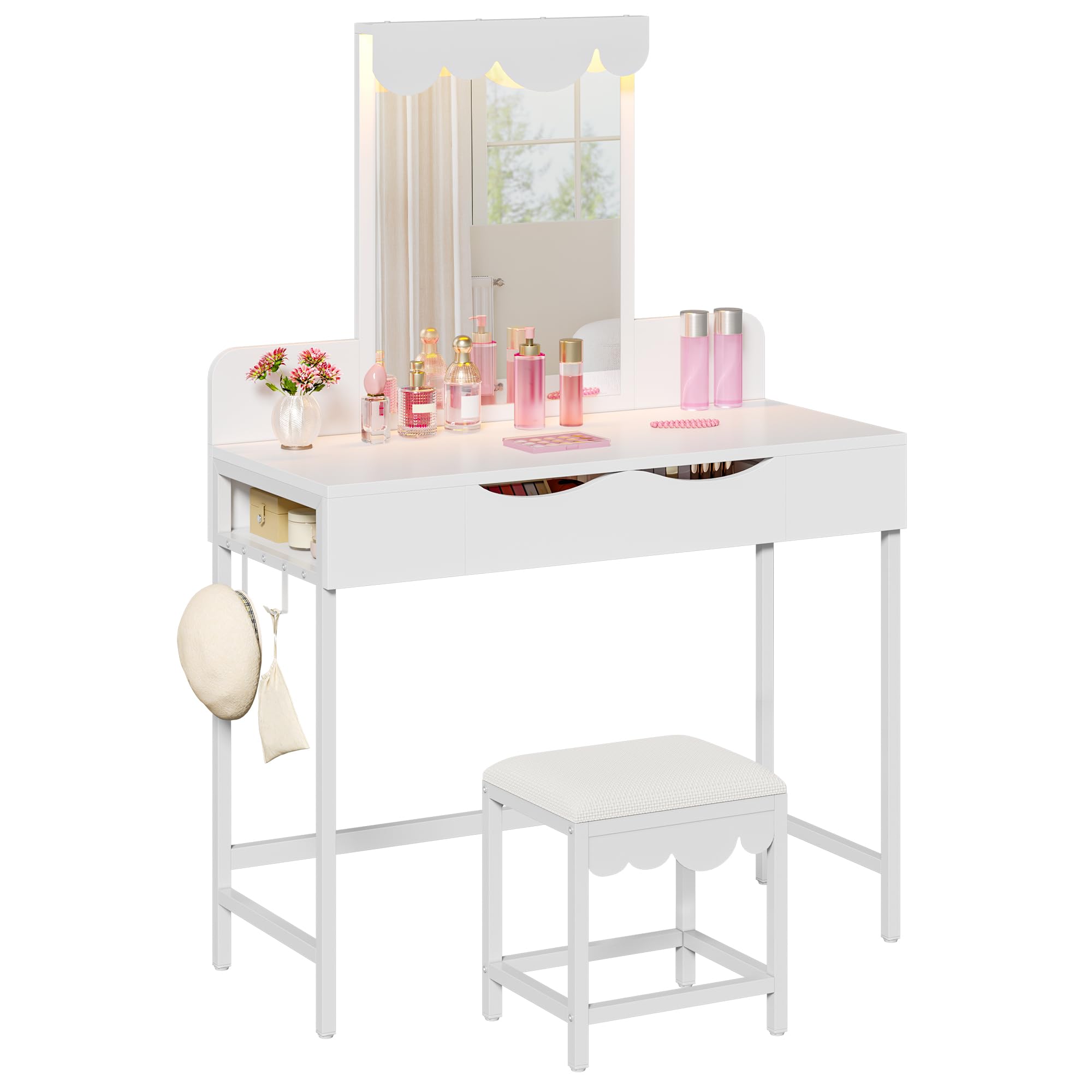 YITAHOME Cloud-Shaped Dressing Table with 3-Color LED Mirror & Stool | White Engineered Wood 7