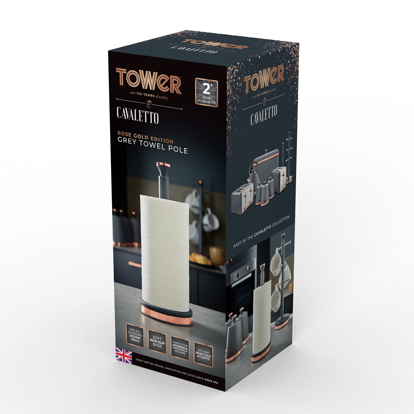 Tower Cavaletto Metal Paper Towel Holder - Stable Base | Fits Standard Rolls | Grey/Rose Gold 9