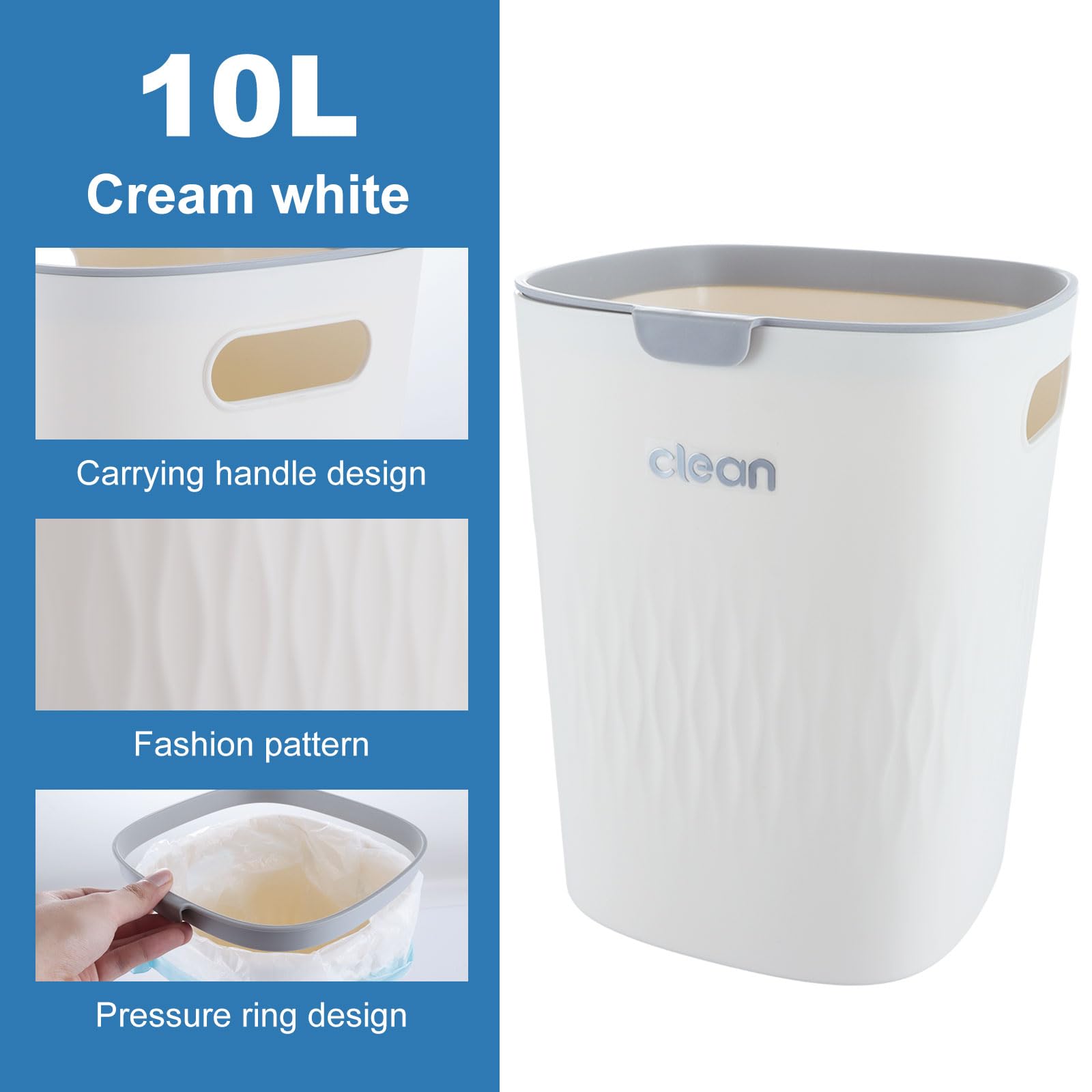 ASelected Plastic Bathroom Bin - 10L Capacity, Cream Color, Pressure Ring Design | 21 x 21 x 27 cm 3