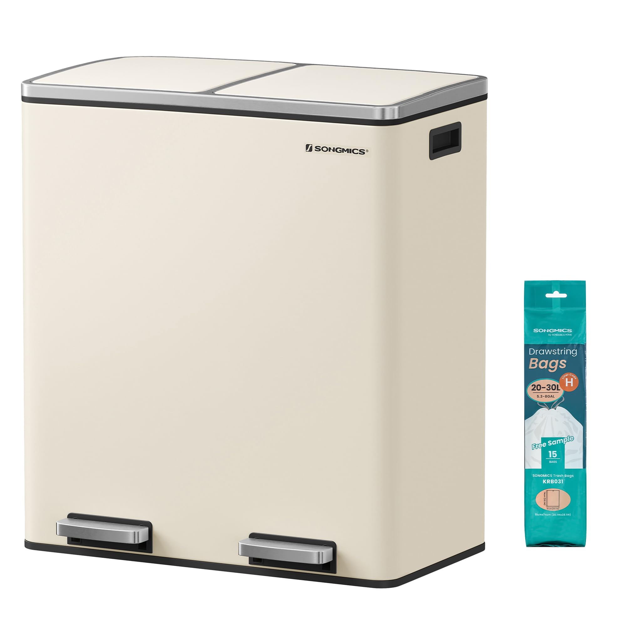 SONGMICS Dual Recycling Bin - 2 Compartments, 2 x 30L Capacity, Cream | Soft Close Pedal | Steel 1