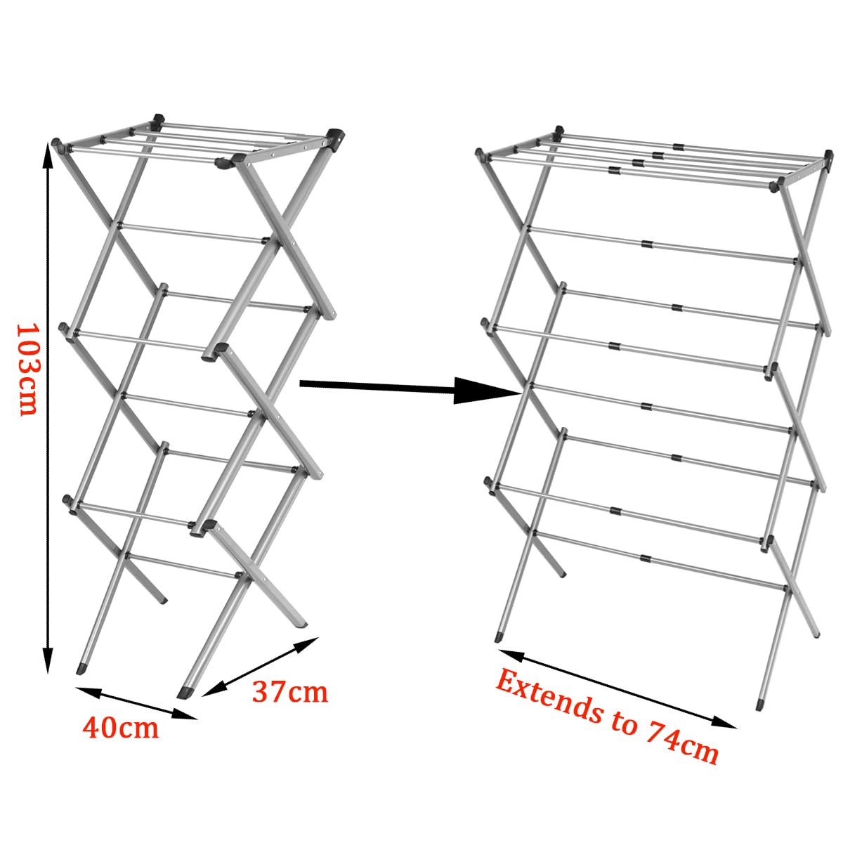 Vivo Technologies 3 Tier Extendable Clothes Airer - Foldable, Lightweight Carbon Steel Drying Rack | 7.5m Space 4