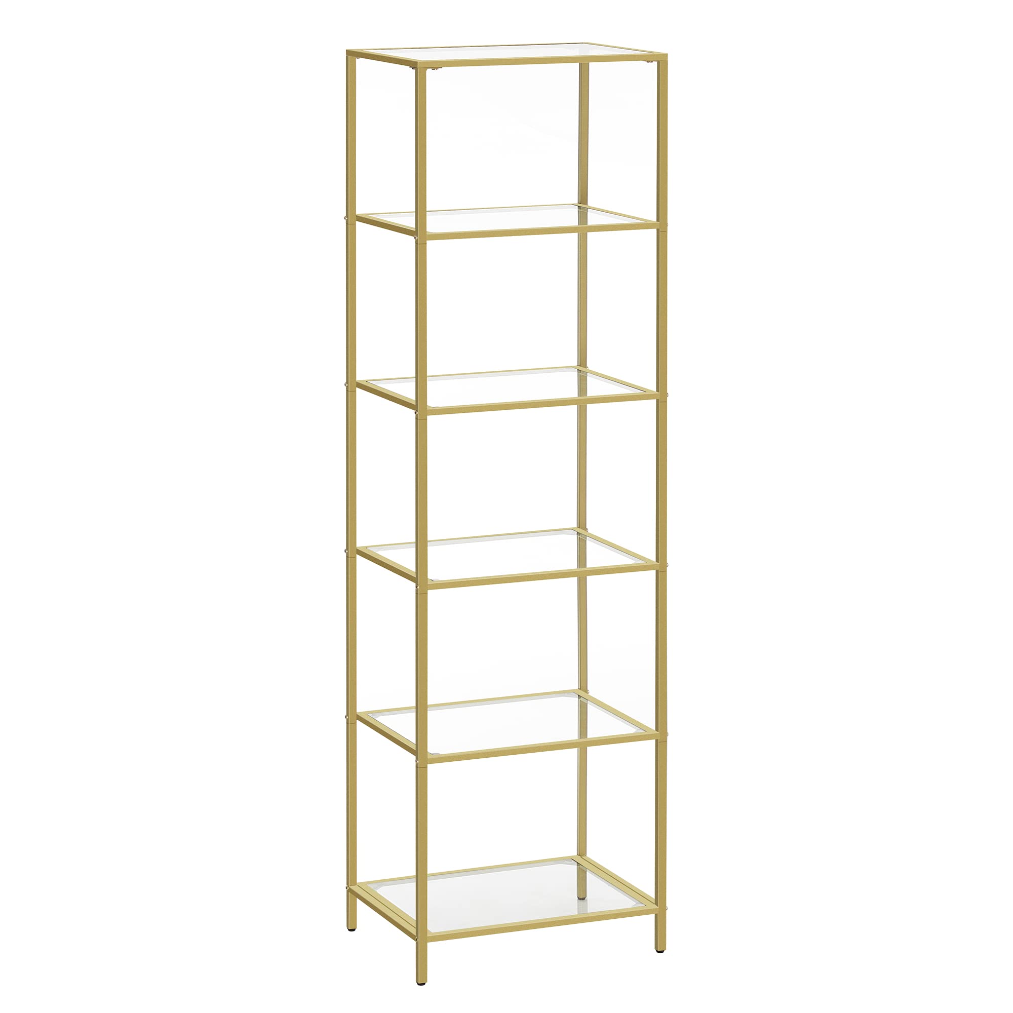VASAGLE 6-Tier Glass Shelf Bookcase - Thin Steel Frame, Gold Finish | 30x40cm Footprint | 10kg/Shelf Capacity 1