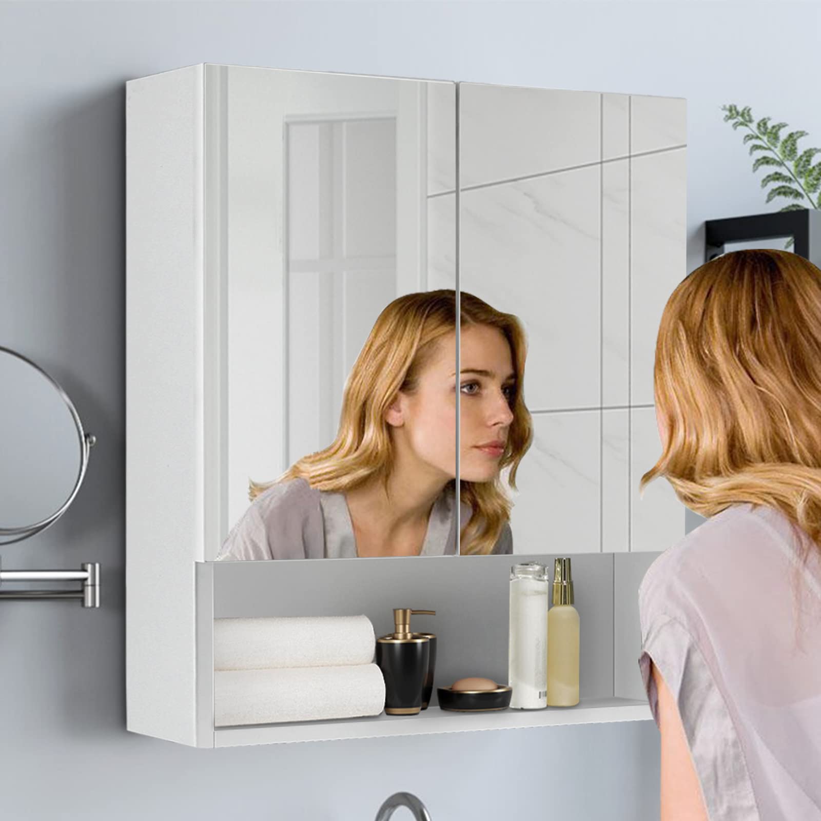 TUKAILAi 2-Door Wall Mounted Bathroom Mirror Cabinet with Adjustable Shelves | White | 50x60x13cm 9